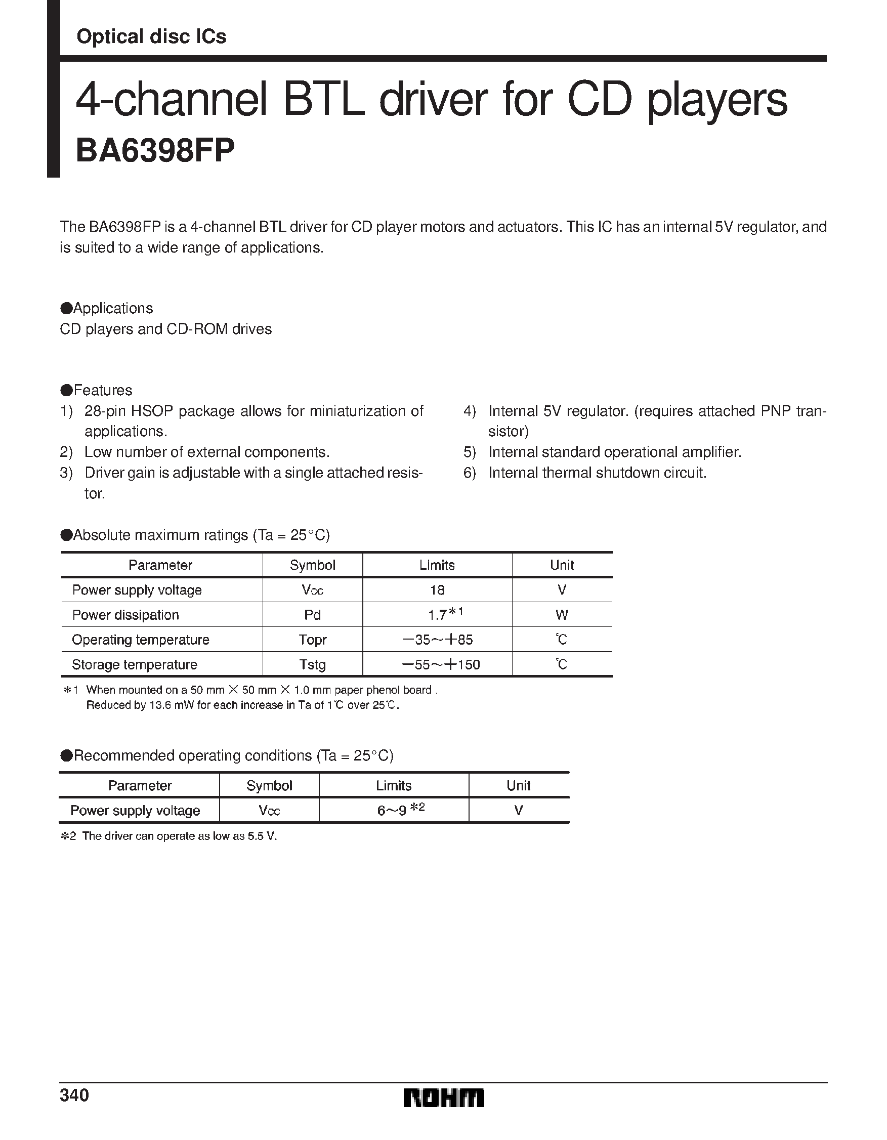 Datasheet BA6398 - 4-channel BTL driver for CD players page 1
