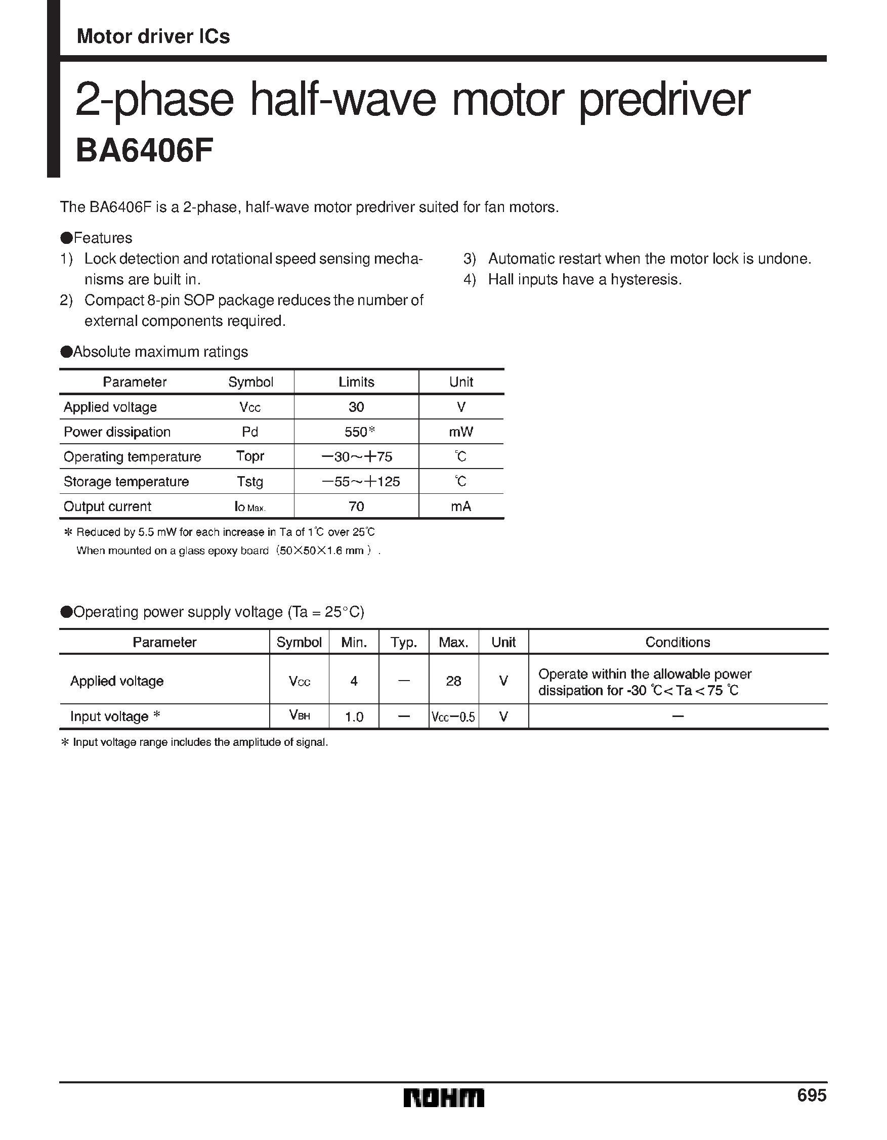 Даташит на микросхему BA6406 страница 1 Даташит BA6406 - 2-phase half-wave motor predriver страница 1