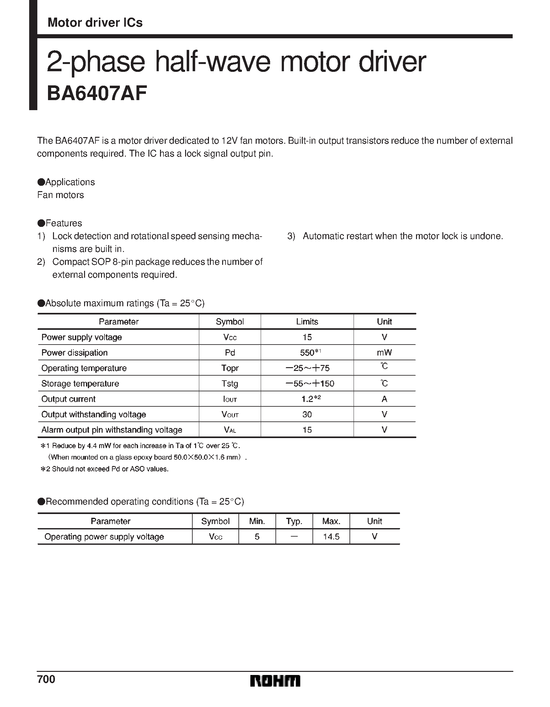 Даташит на микросхему BA6407AF страница 1 Даташит BA6407AF - 2-phase half-wave motor driver страница 1