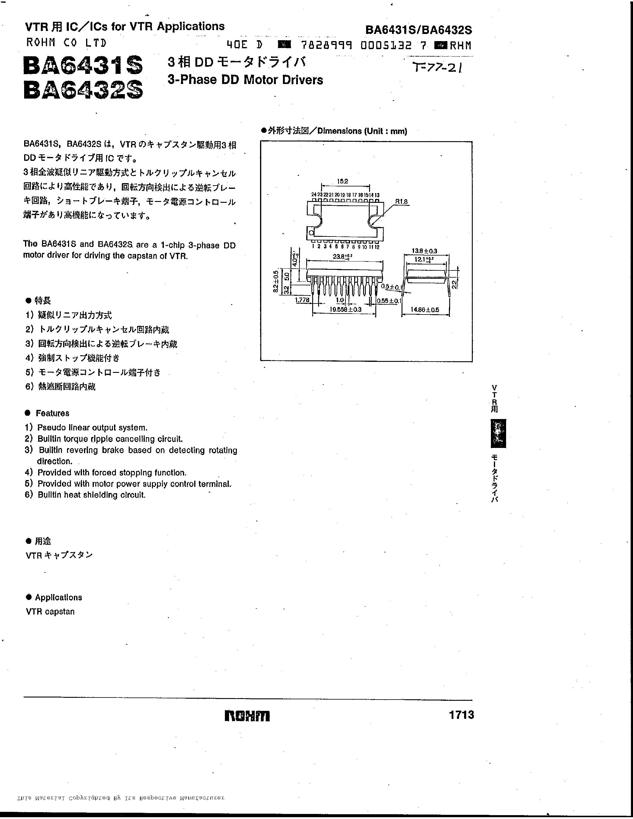 Datasheet BA6431S - 3-Phase DD Motor Drivers page 1