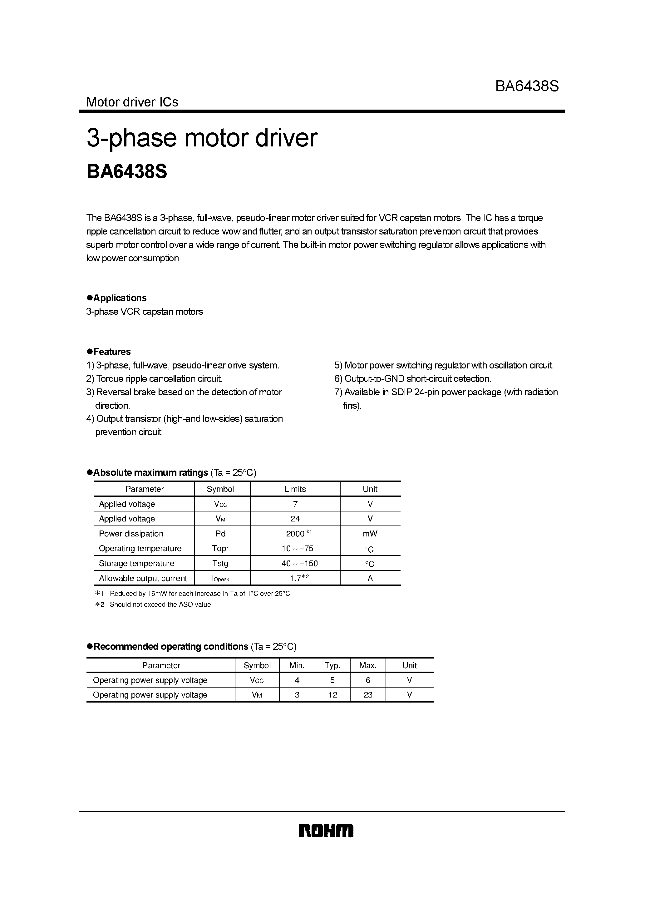 Datasheet BA6438 page 1 Datasheet BA6438 - 3-phase motor driver page 1
