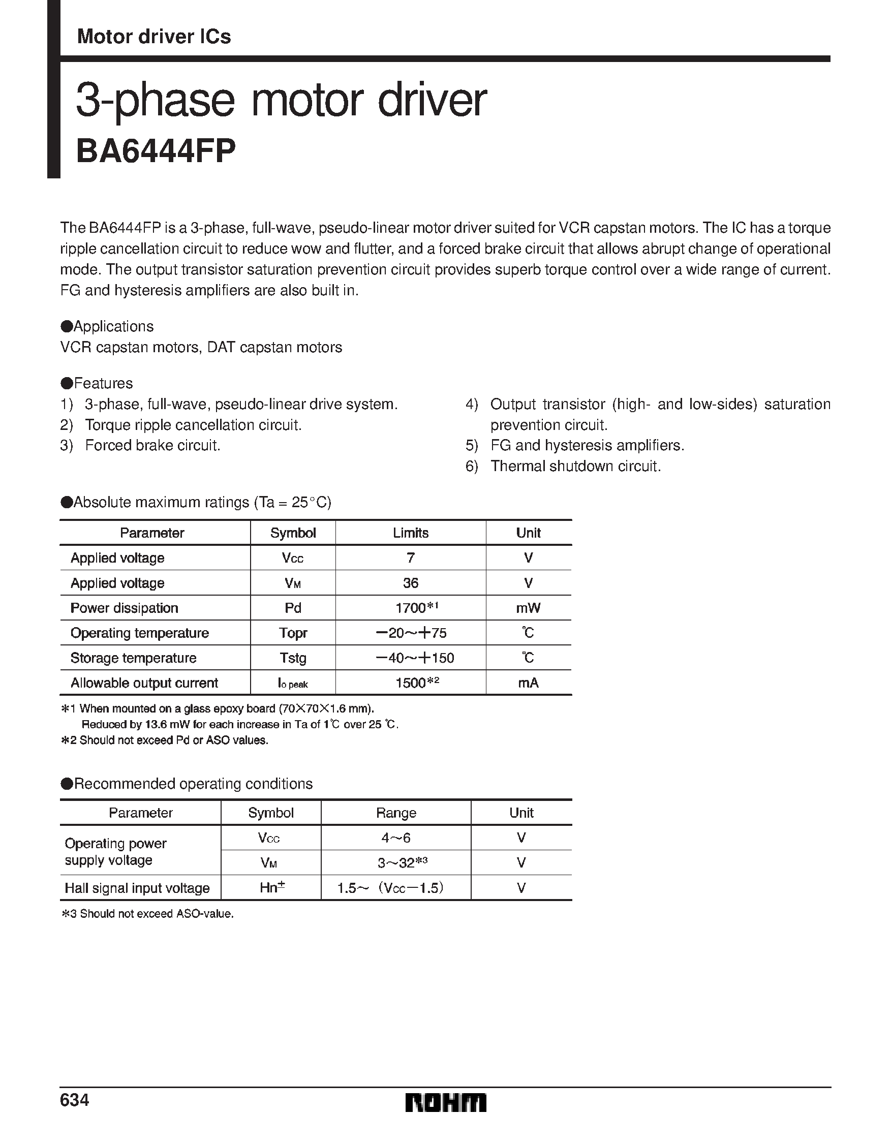 Datasheet BA6444FP page 1 Datasheet BA6444FP - 3-phase motor driver page 1