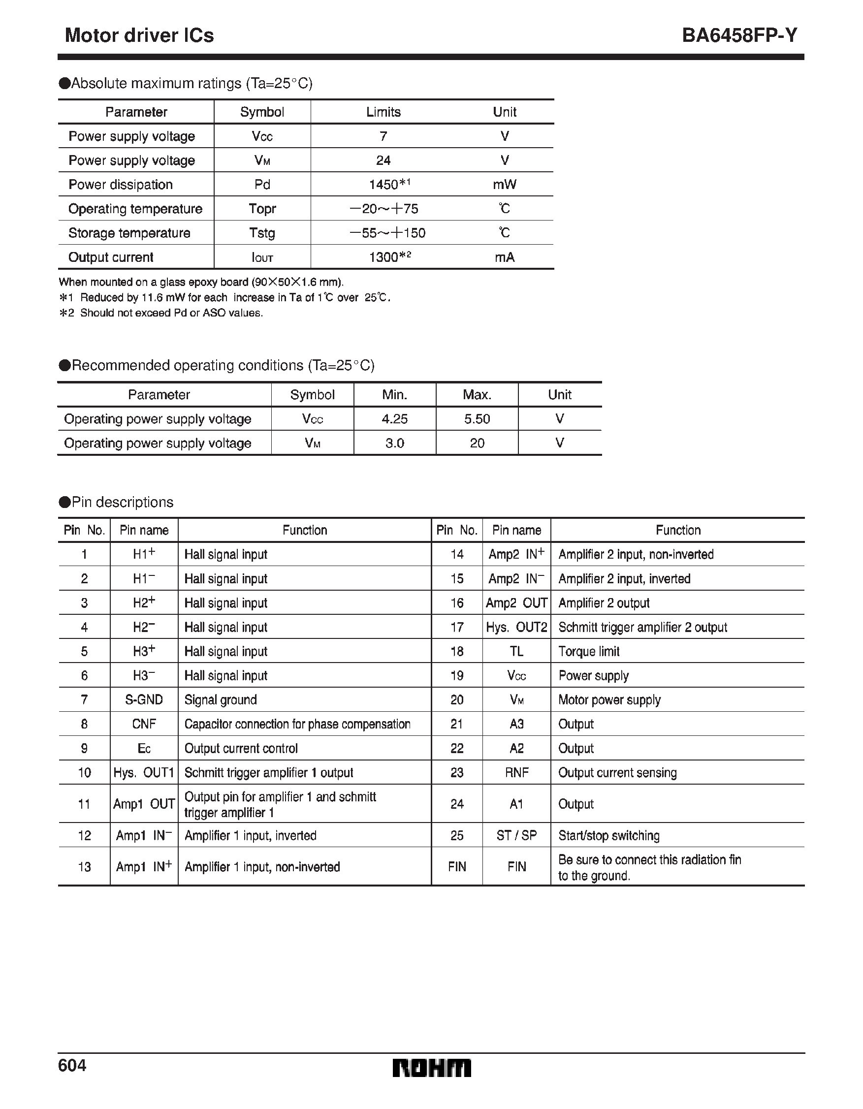 Datasheet BA6458FP-Y - 3-phase motor driver page 2