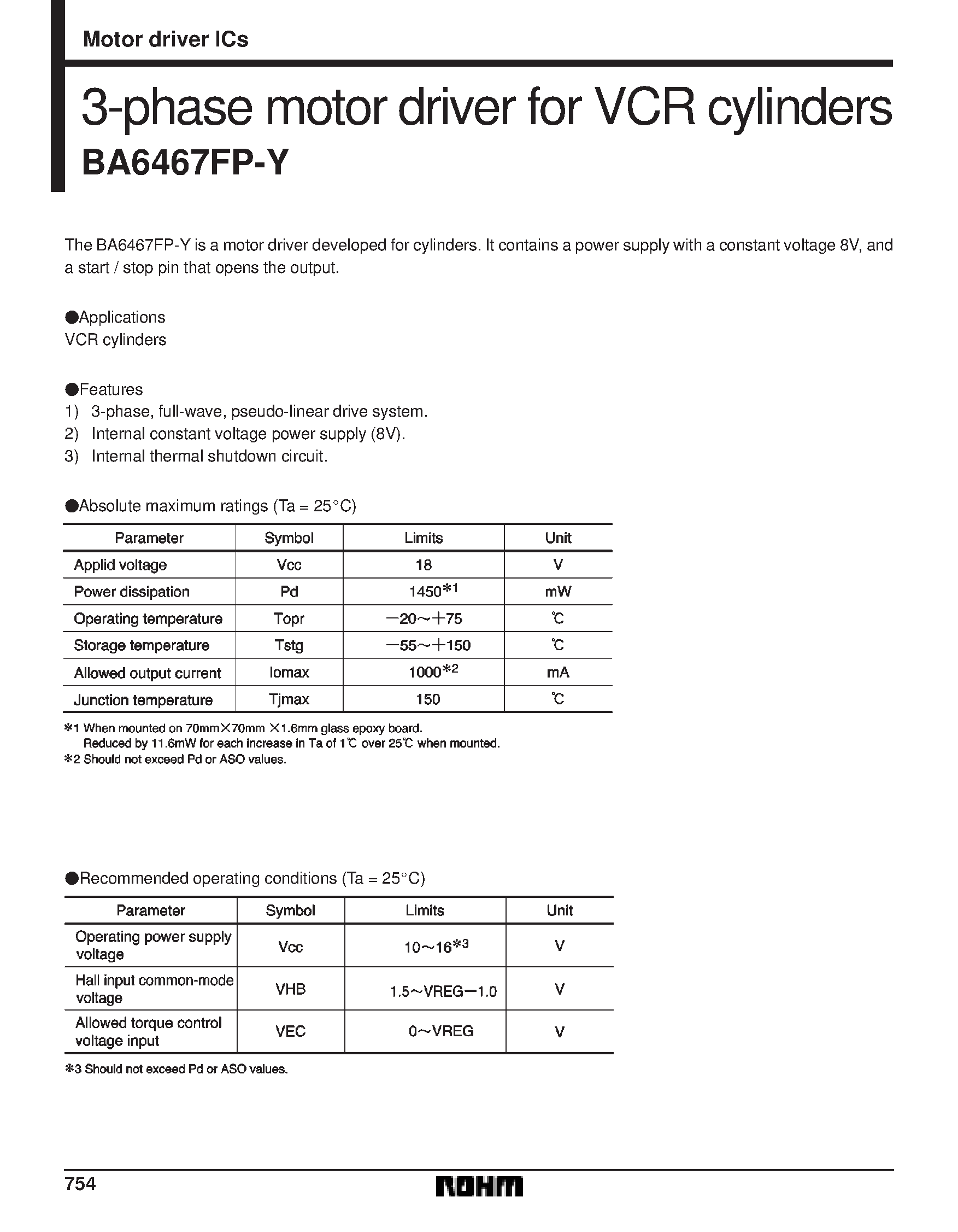 Datasheet BA6467FP-Y - 3-phase motor driver for VCR cylinders page 1