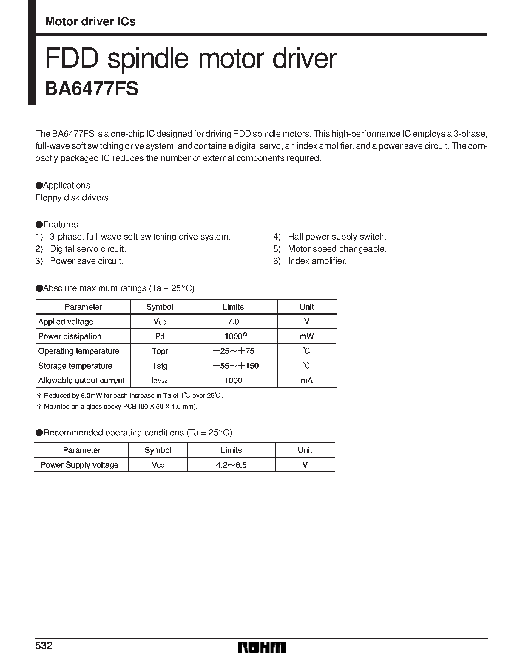 Datasheet BA6477FS page 1 Datasheet BA6477FS - FDD spindle motor driver page 1