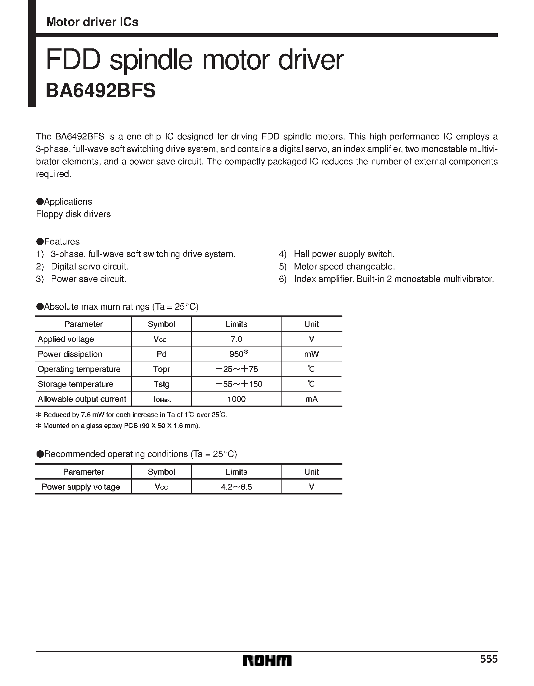 Datasheet BA6492 page 1 Datasheet BA6492 - FDD spindle motor driver page 1