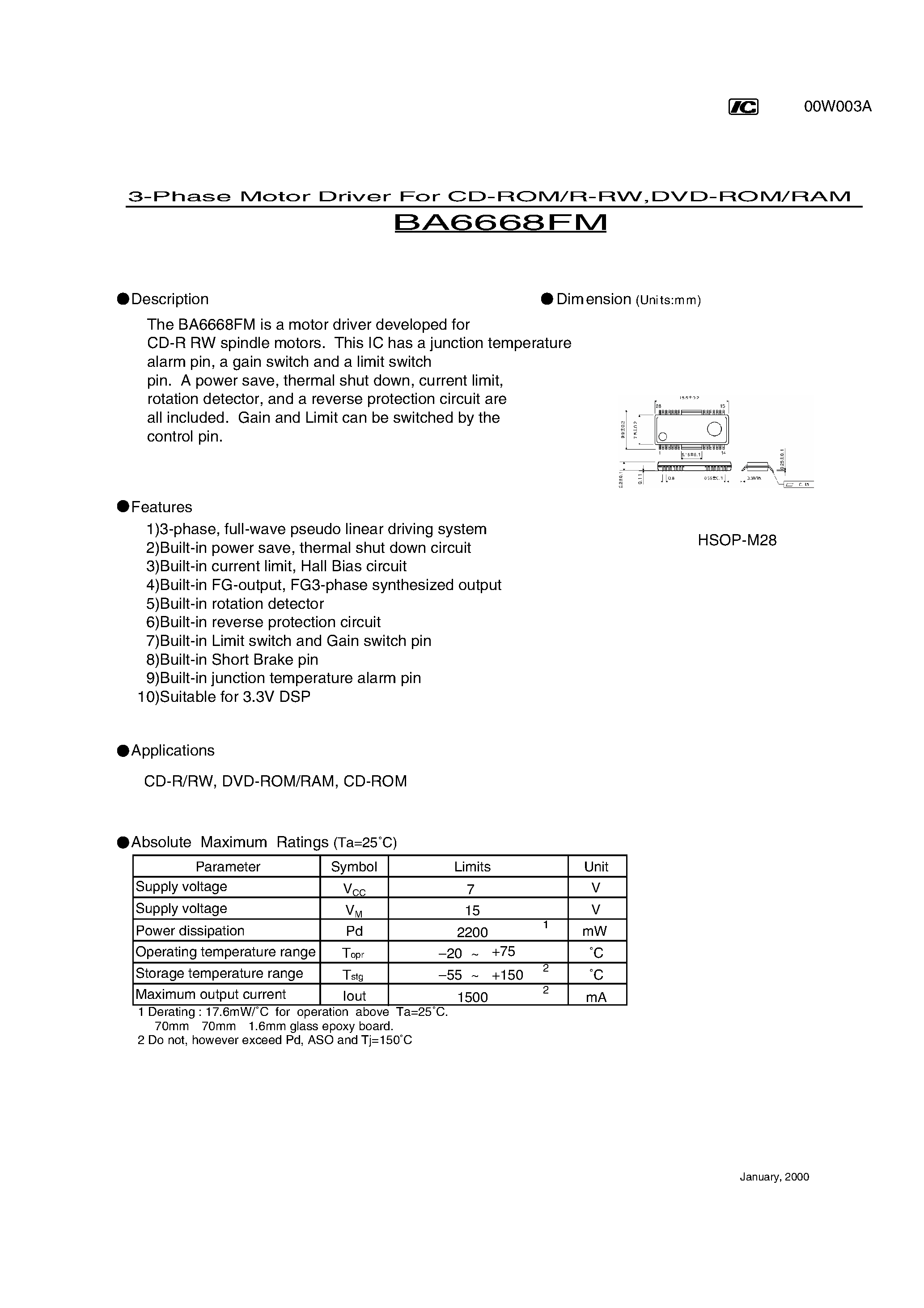 Даташит BA6668FM - 3-Phase Motor Driver For CD-ROM/R-RW/DVD-ROM/RAM страница 1