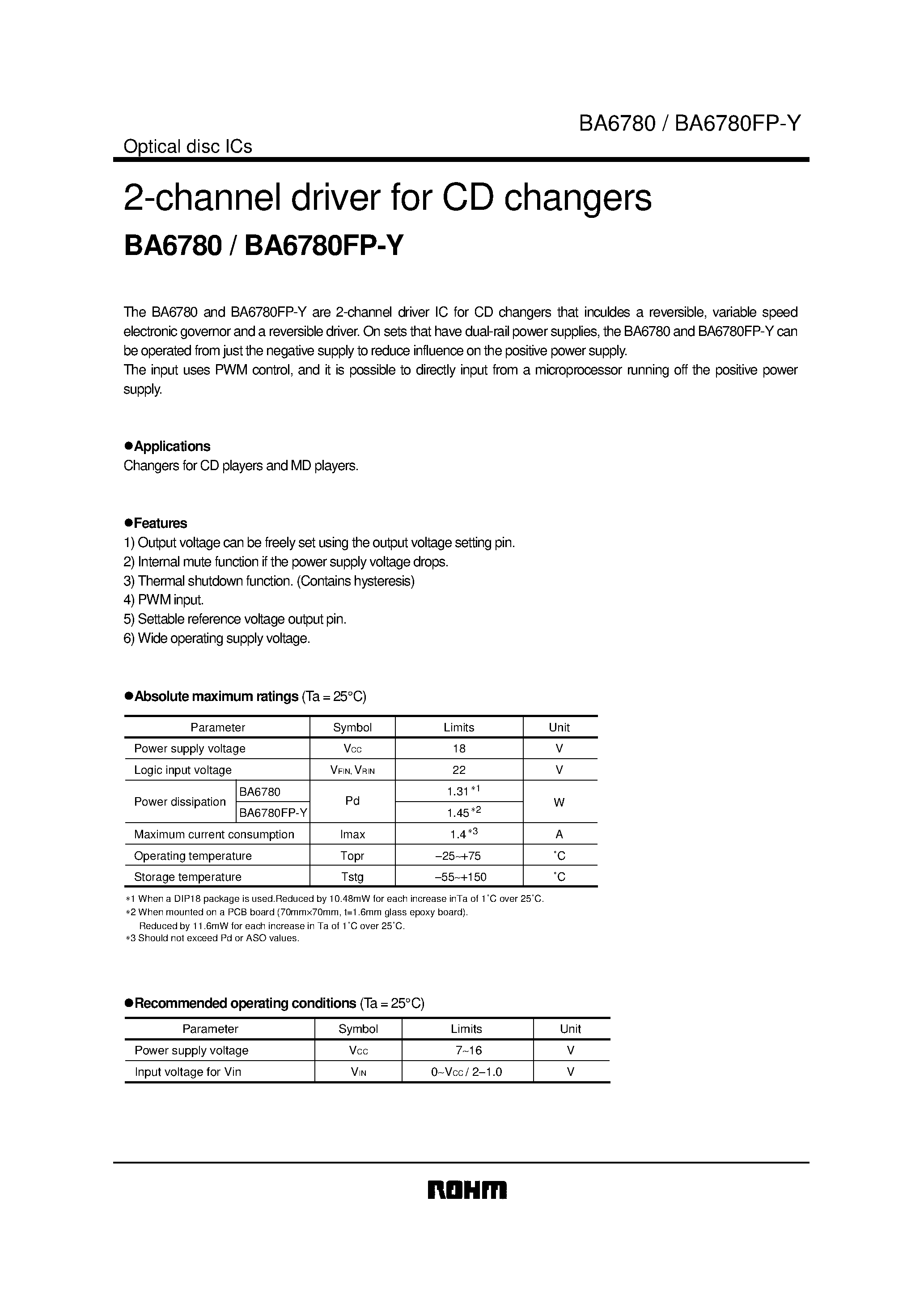 Datasheet BA6780FP-Y - 2-channel driver for CD changers page 1