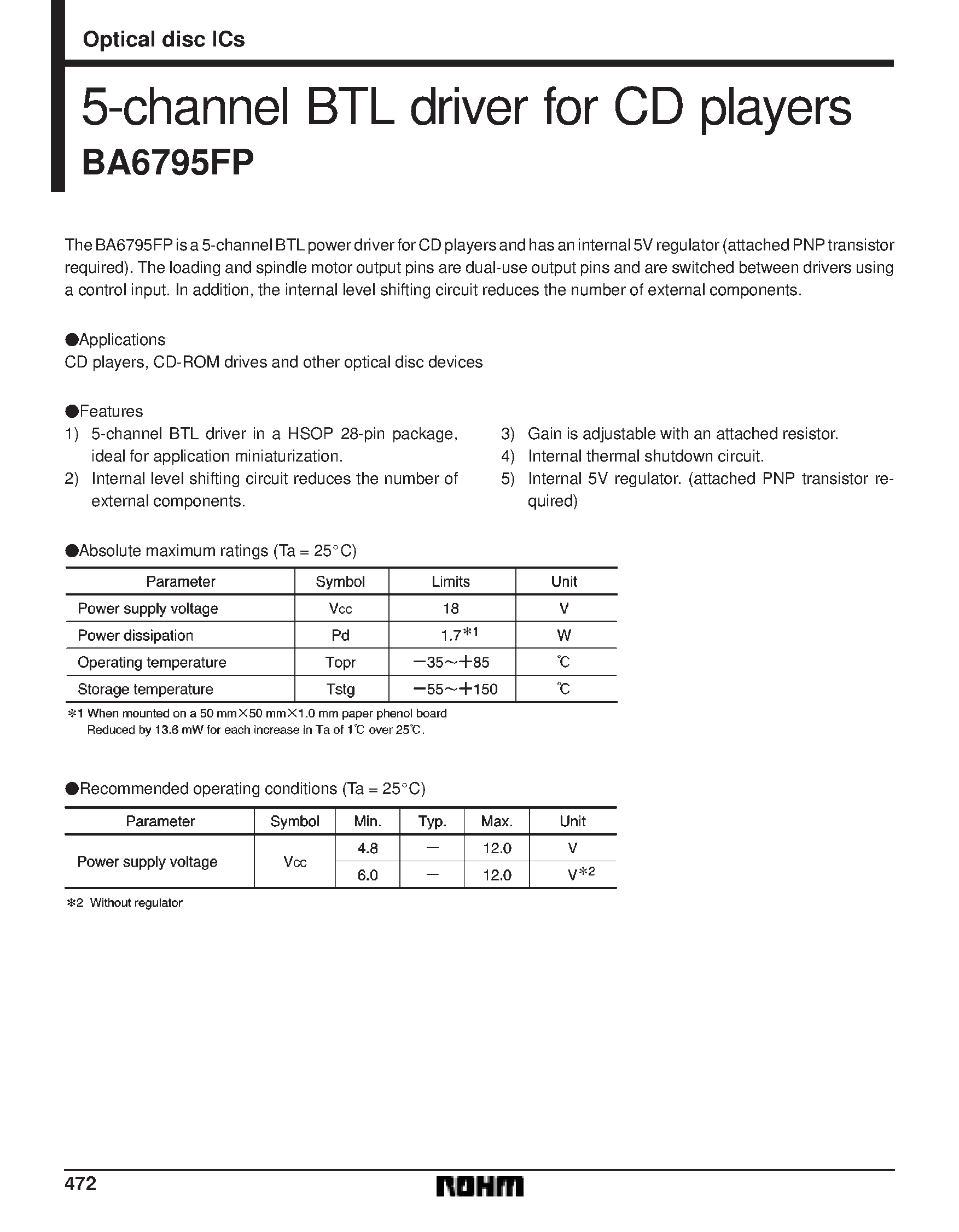 Datasheet BA6795 - 5-channel BTL driver for CD players page 1