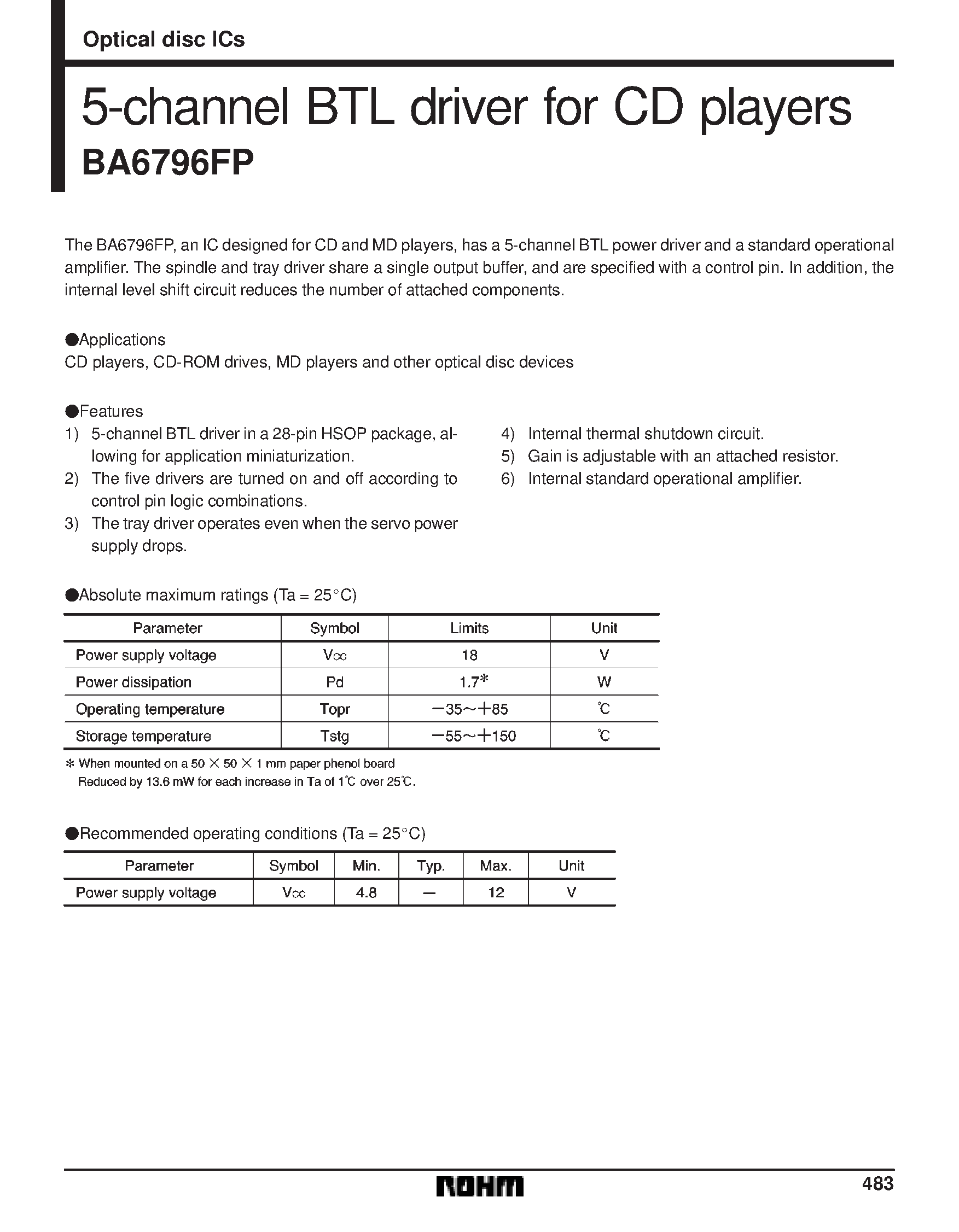 Datasheet BA6796 - 5-channel BTL driver for CD players page 1