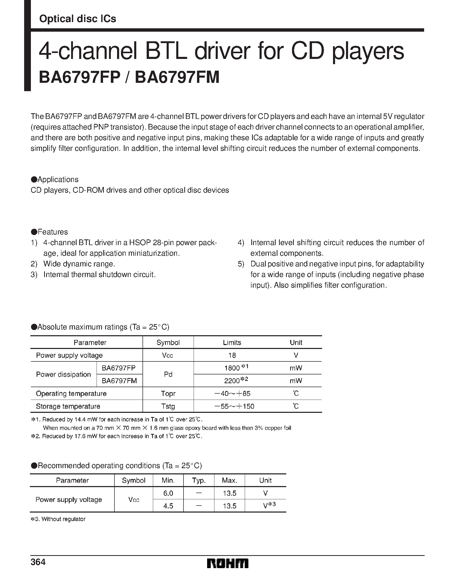 Datasheet BA6797FM - 4-channel BTL driver for CD players page 1
