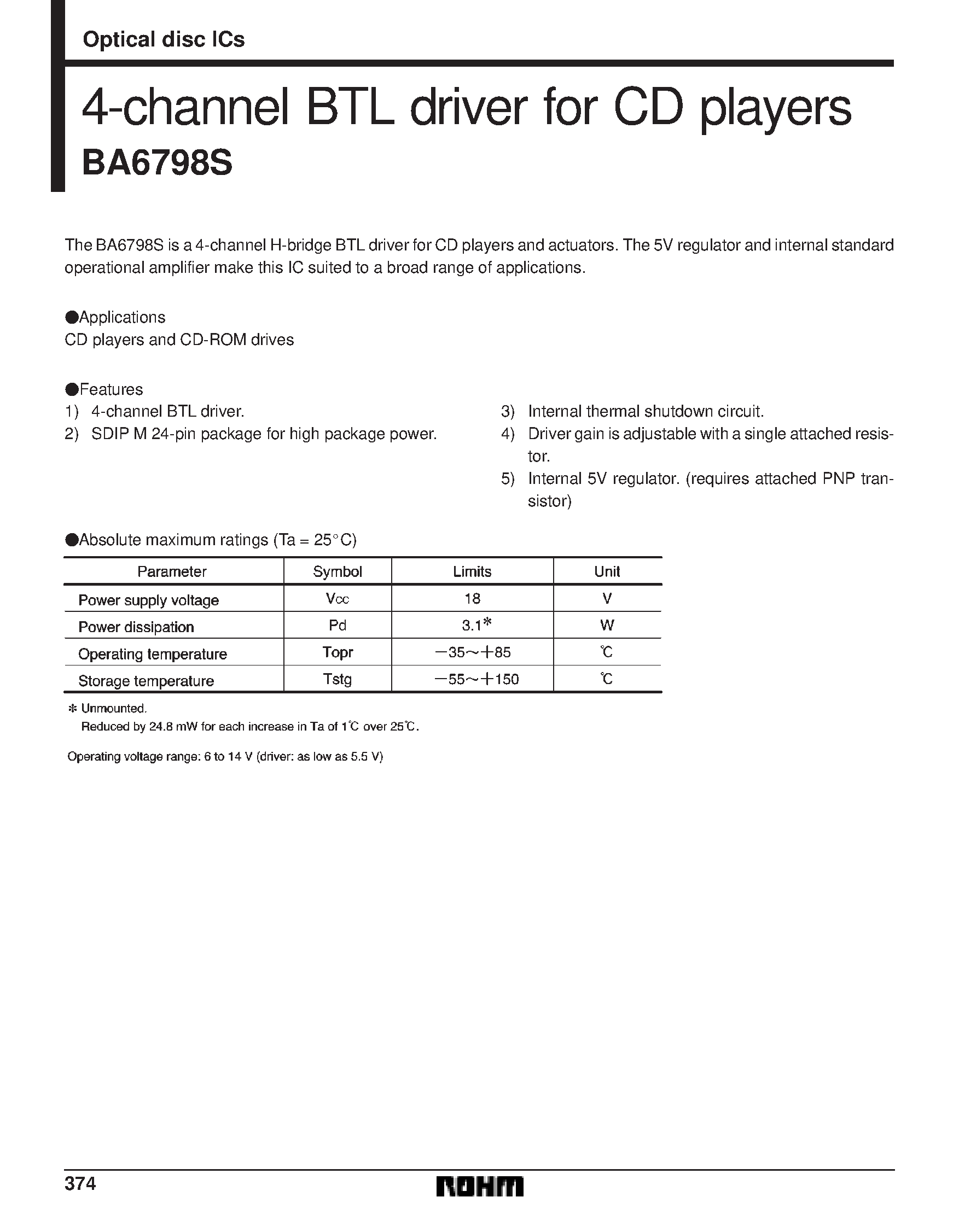 Datasheet BA6798S - 4-channel BTL driver for CD players page 1
