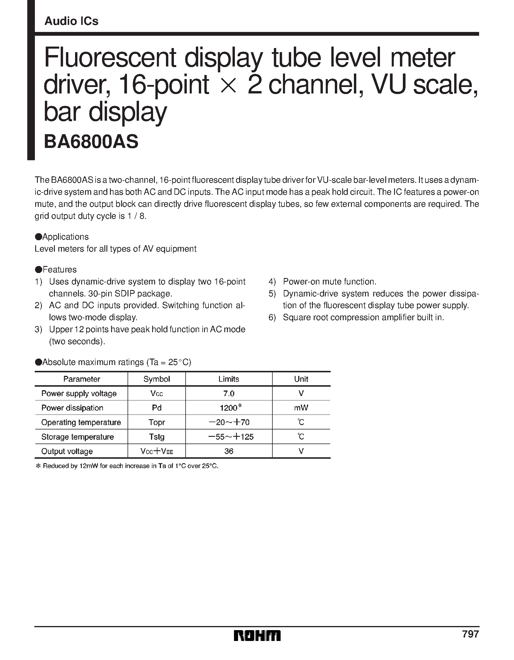 Даташит BA6800AS - Fluorescent display tube level meter driver/ 16-point x 2 channel/ VU scale/ bar display страница 1