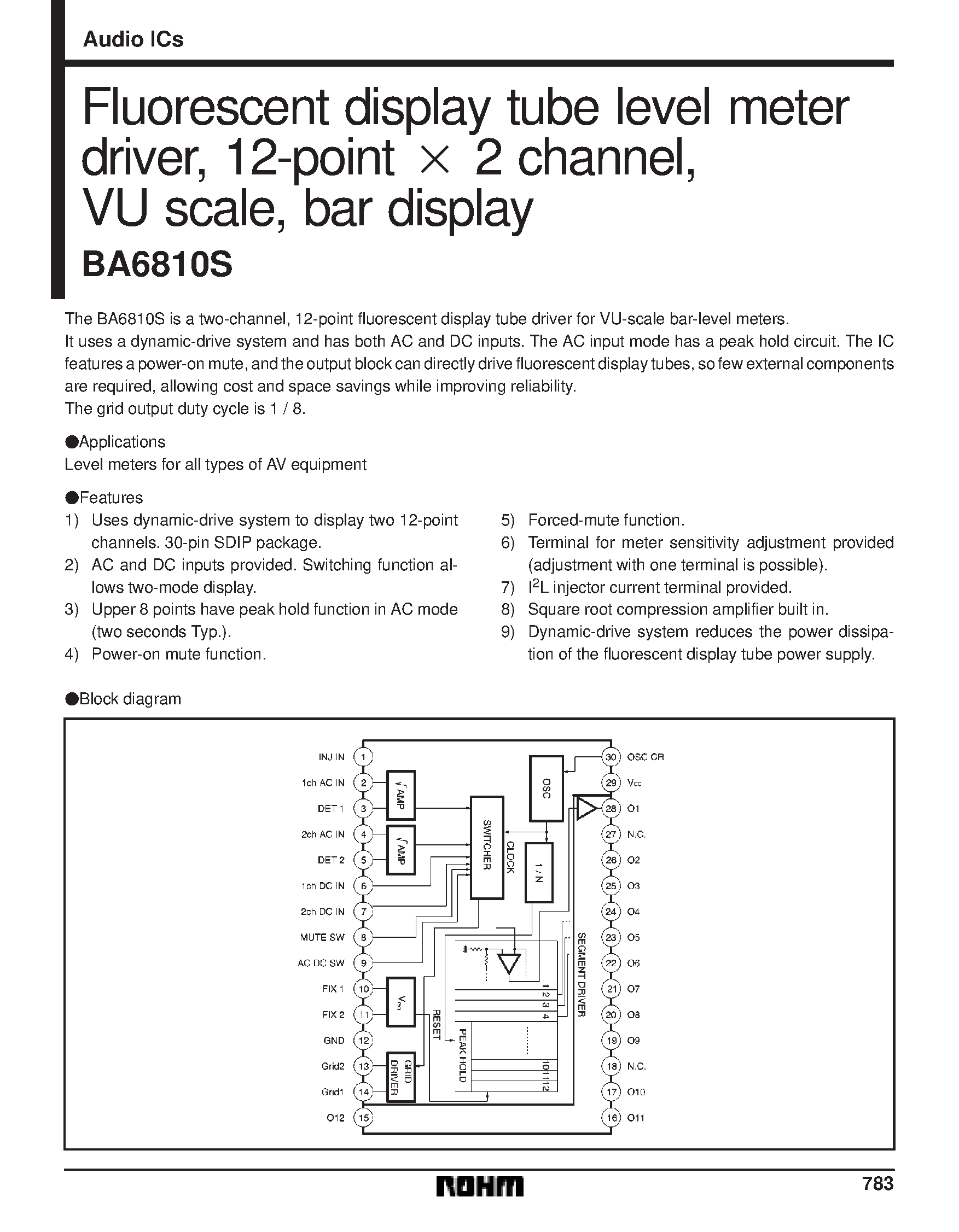 Даташит BA6810S - Fluorescent display tube level meter driver/ 12-point x 2 channel/ VU scale/ bar display страница 1
