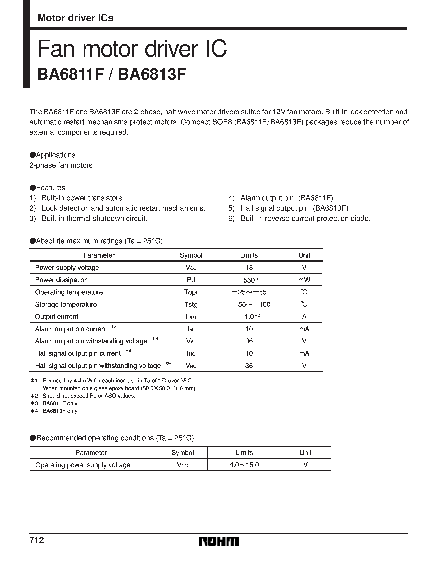 Datasheet BA6811 page 1 Datasheet BA6811 - Fan motor driver IC page 1
