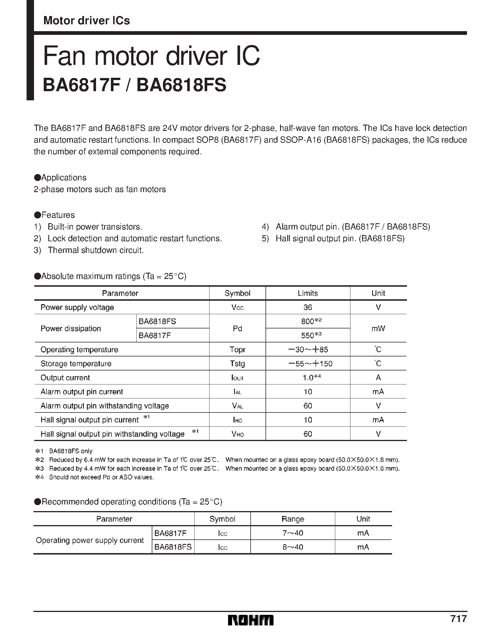 Datasheet BA6817F - Fan motor driver IC page 1