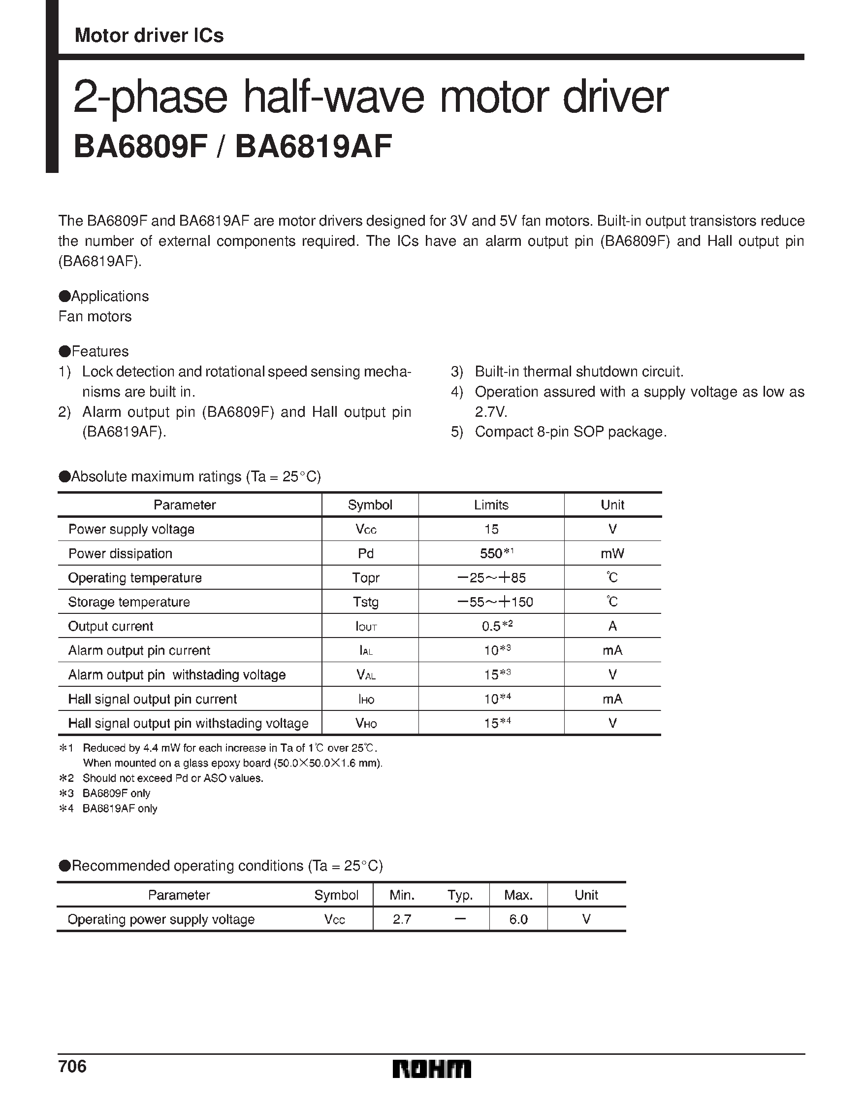 Даташит на микросхему BA6819AF страница 1 Даташит BA6819AF - 2-phase half-wave motor driver страница 1