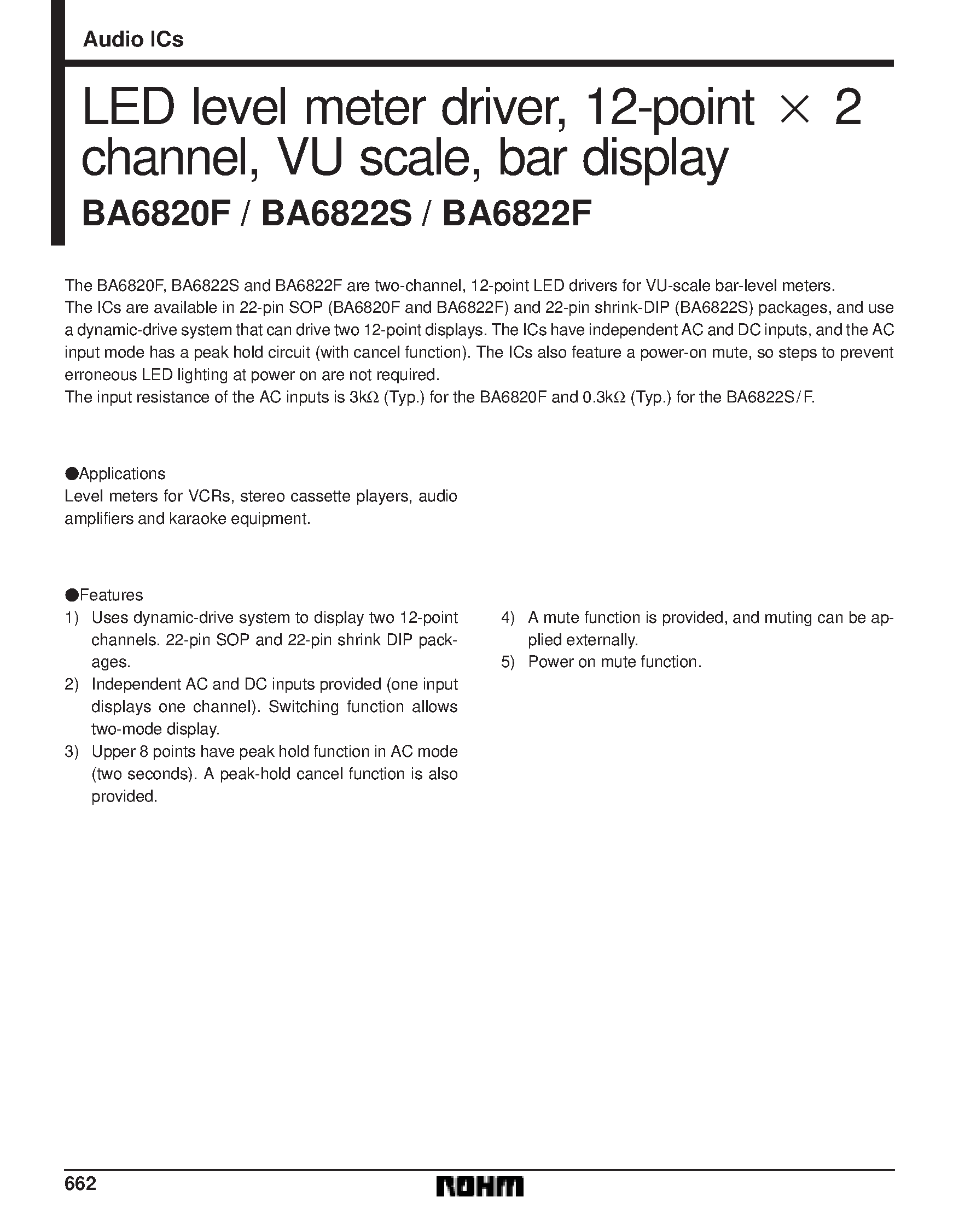 Даташит на микросхему BA6820F страница 1 Даташит BA6820F - LED level meter driver/ 12-point x 2 channel/ VU scale/ bar display страница 1