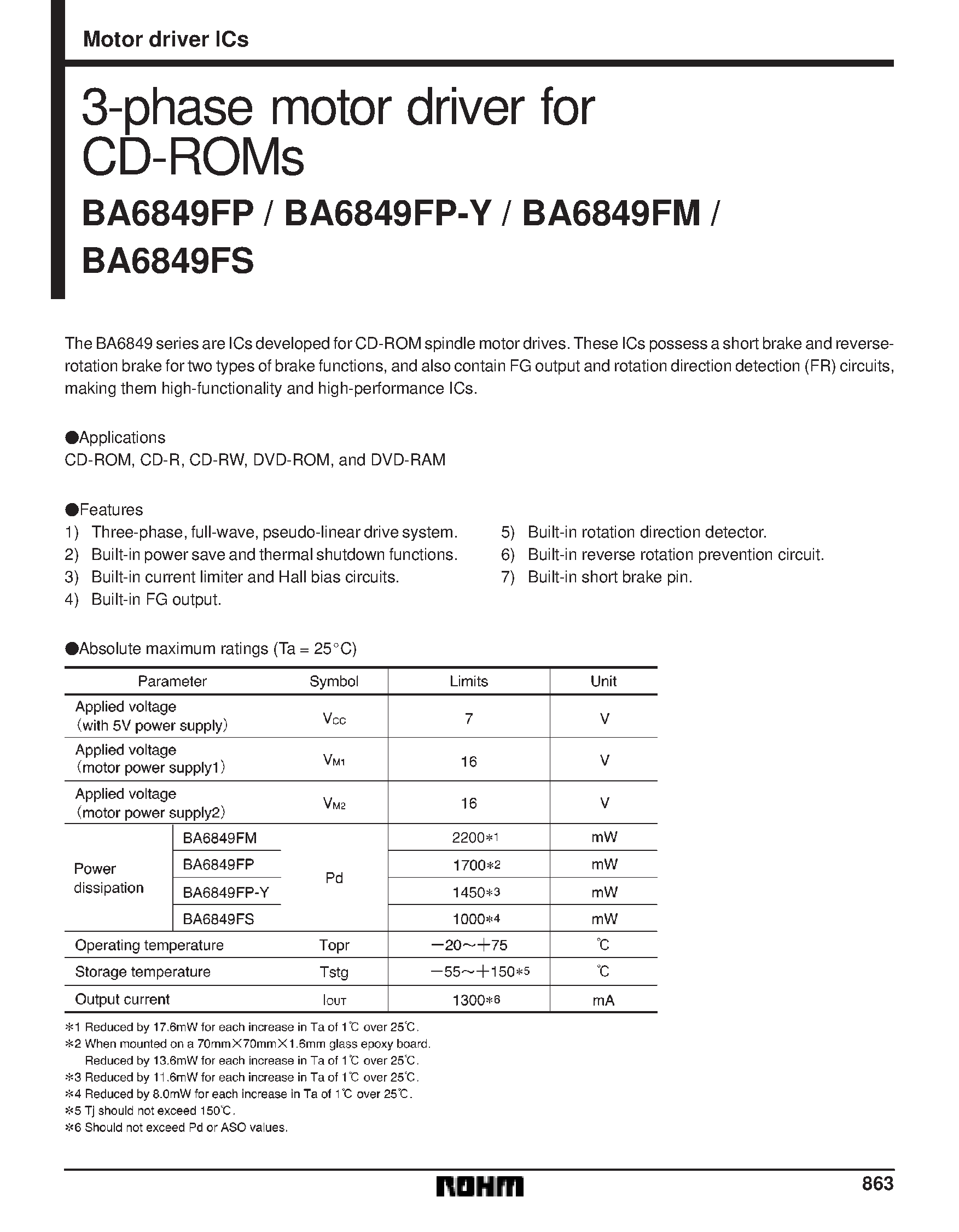 Datasheet BA6849FP page 1 Datasheet BA6849FP - 3-phase motor driver for CD-ROMs page 1