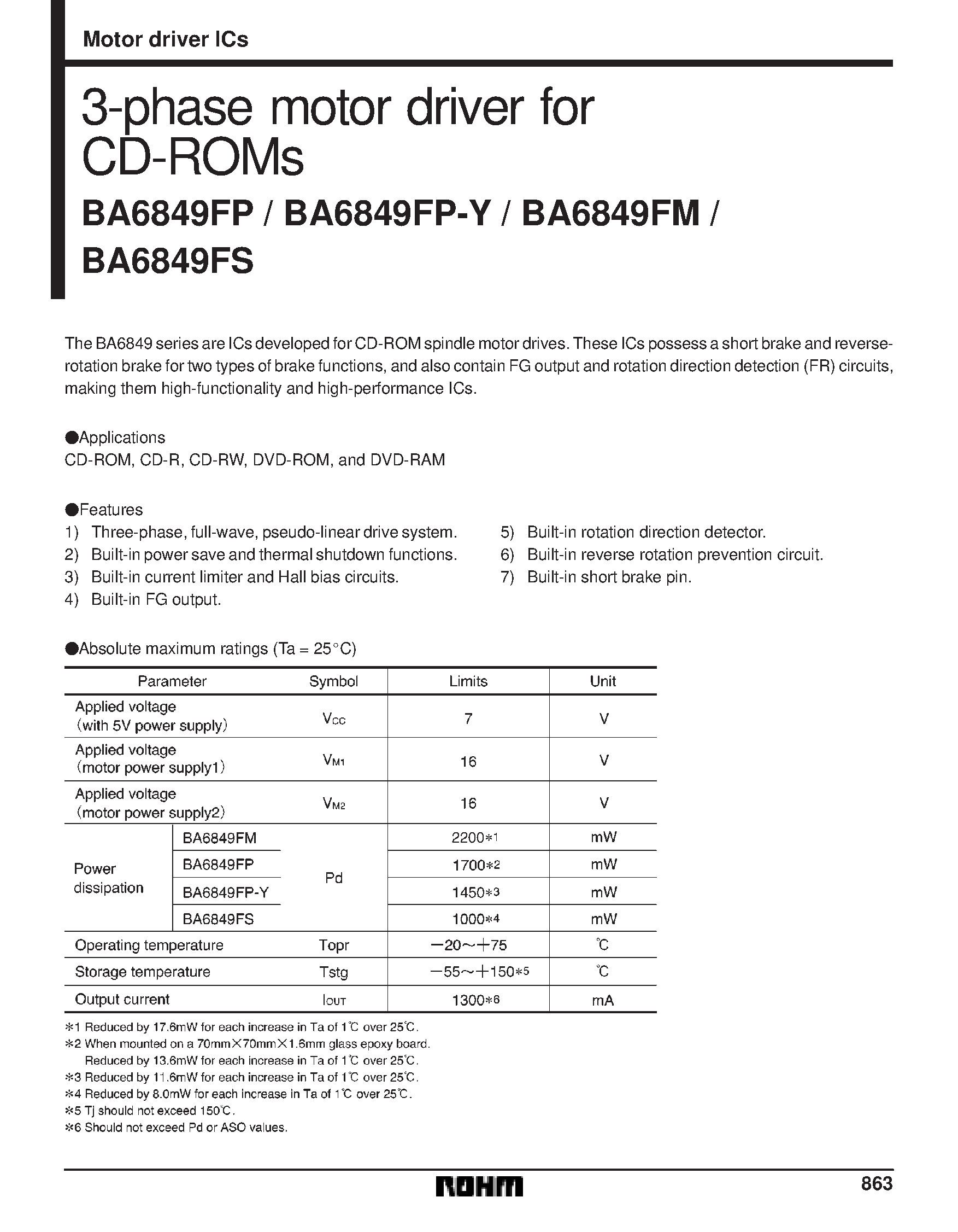 Datasheet BA6849FP-Y - 3-phase motor driver for CD-ROMs page 1