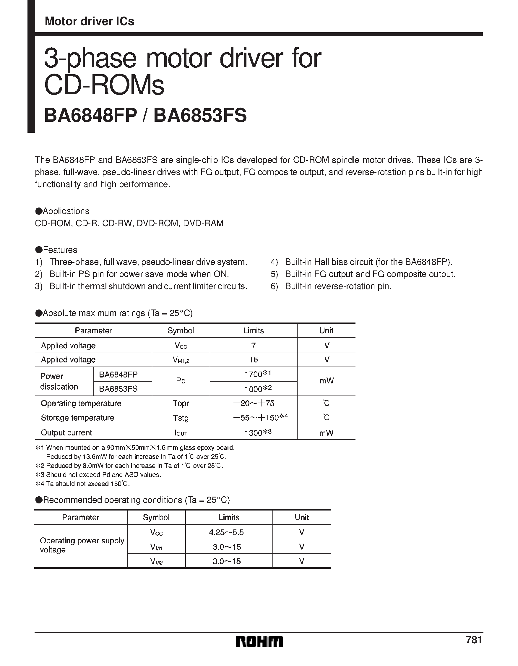 Datasheet BA6853FS page 1 Datasheet BA6853FS - 3-phase motor driver for CD-ROMs page 1
