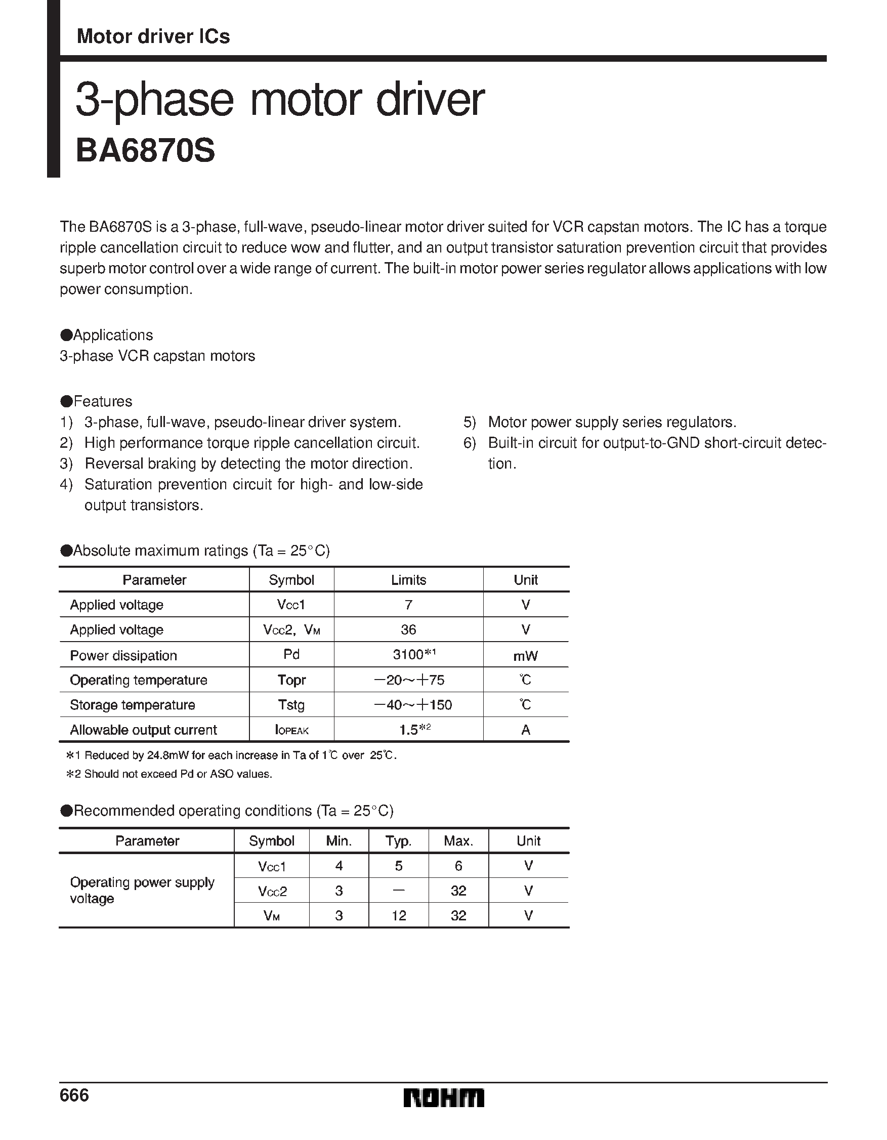 Datasheet BA6870S page 1 Datasheet BA6870S - 3-phase motor driver page 1