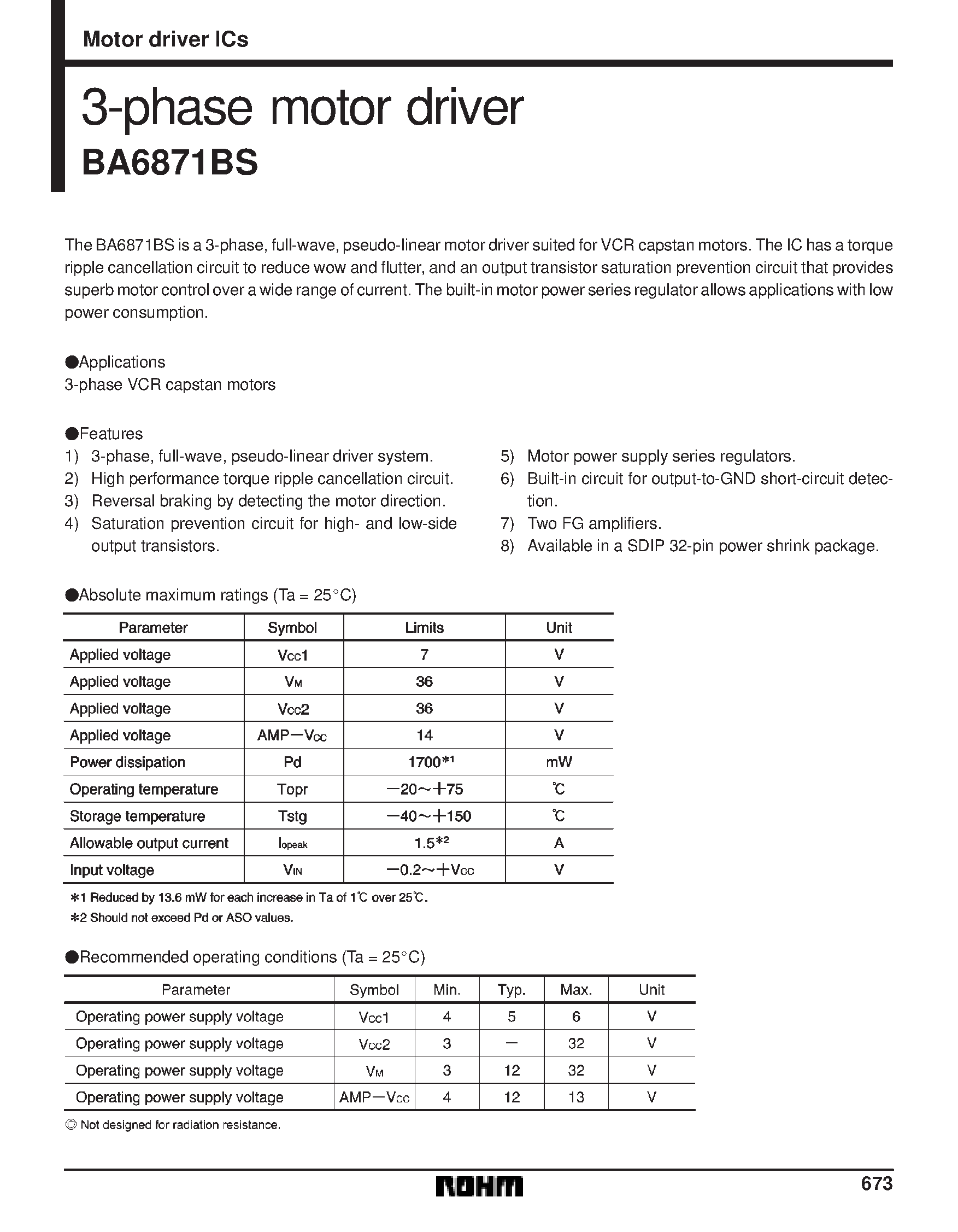 Datasheet BA6871BS page 1 Datasheet BA6871BS - 3-phase motor driver page 1