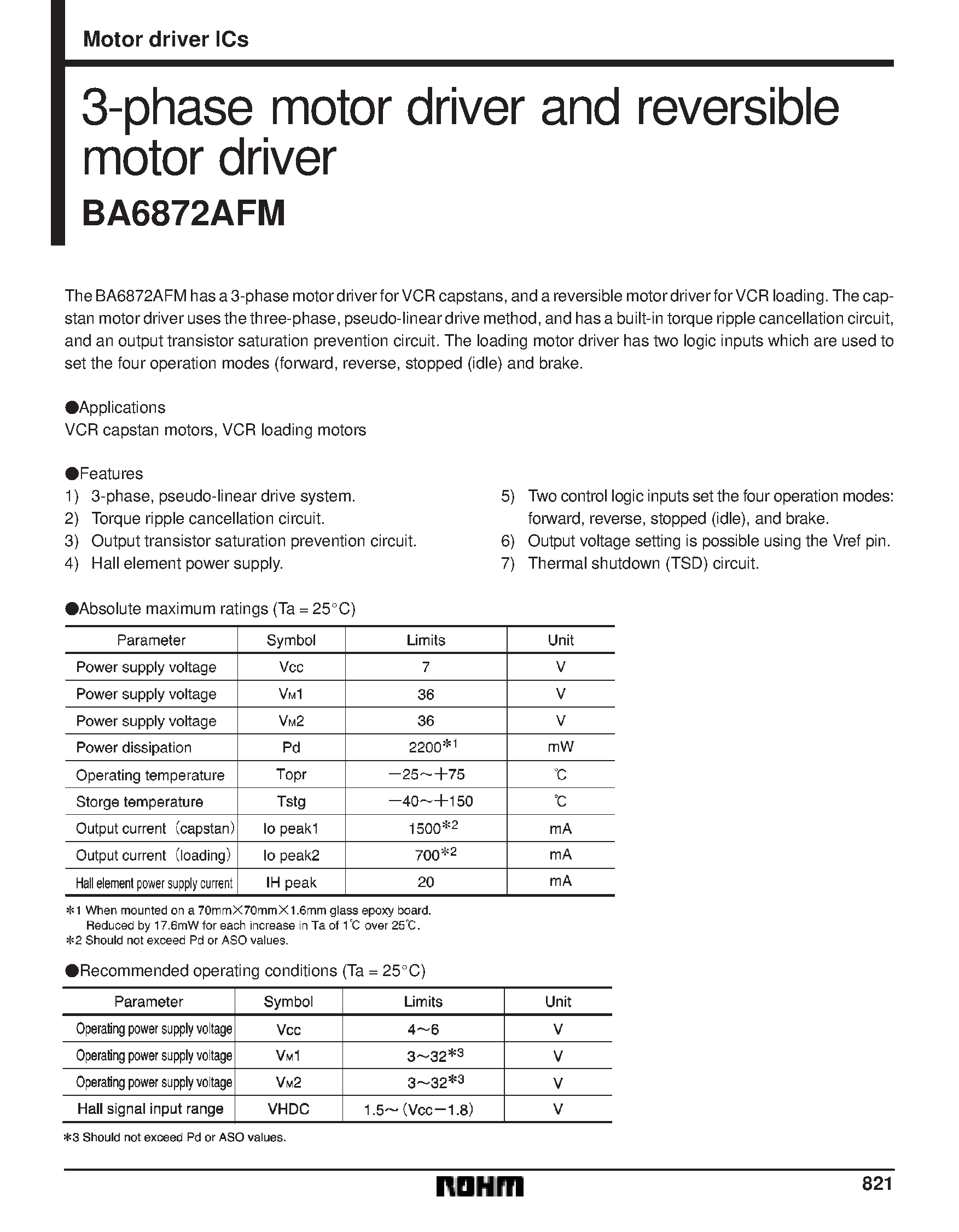 Datasheet BA6872 page 1 Datasheet BA6872 - 3-phase motor driver and reversible motor driver page 1