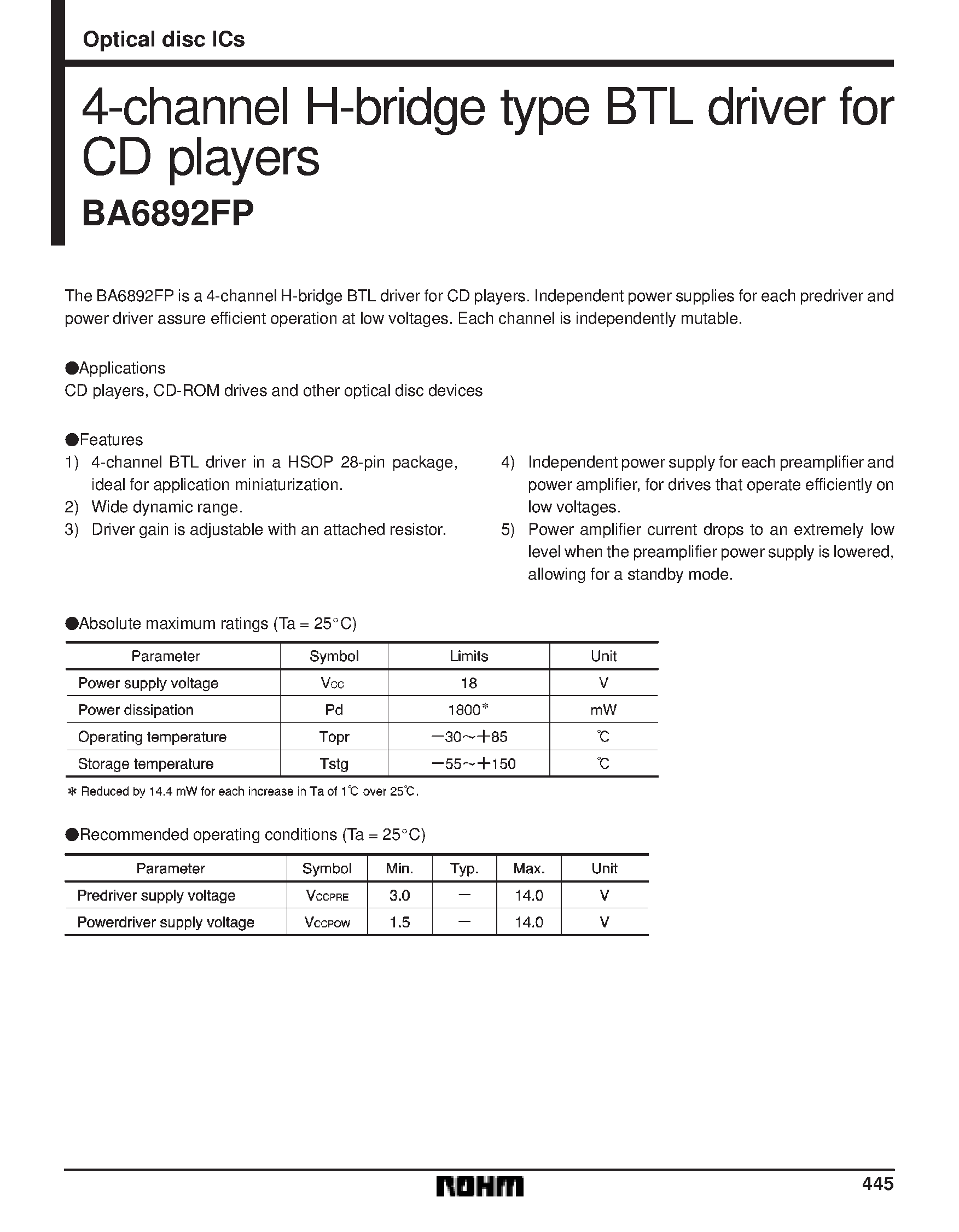 Datasheet BA6892 - 4-channel H-bridge type BTL driver for CD players page 1