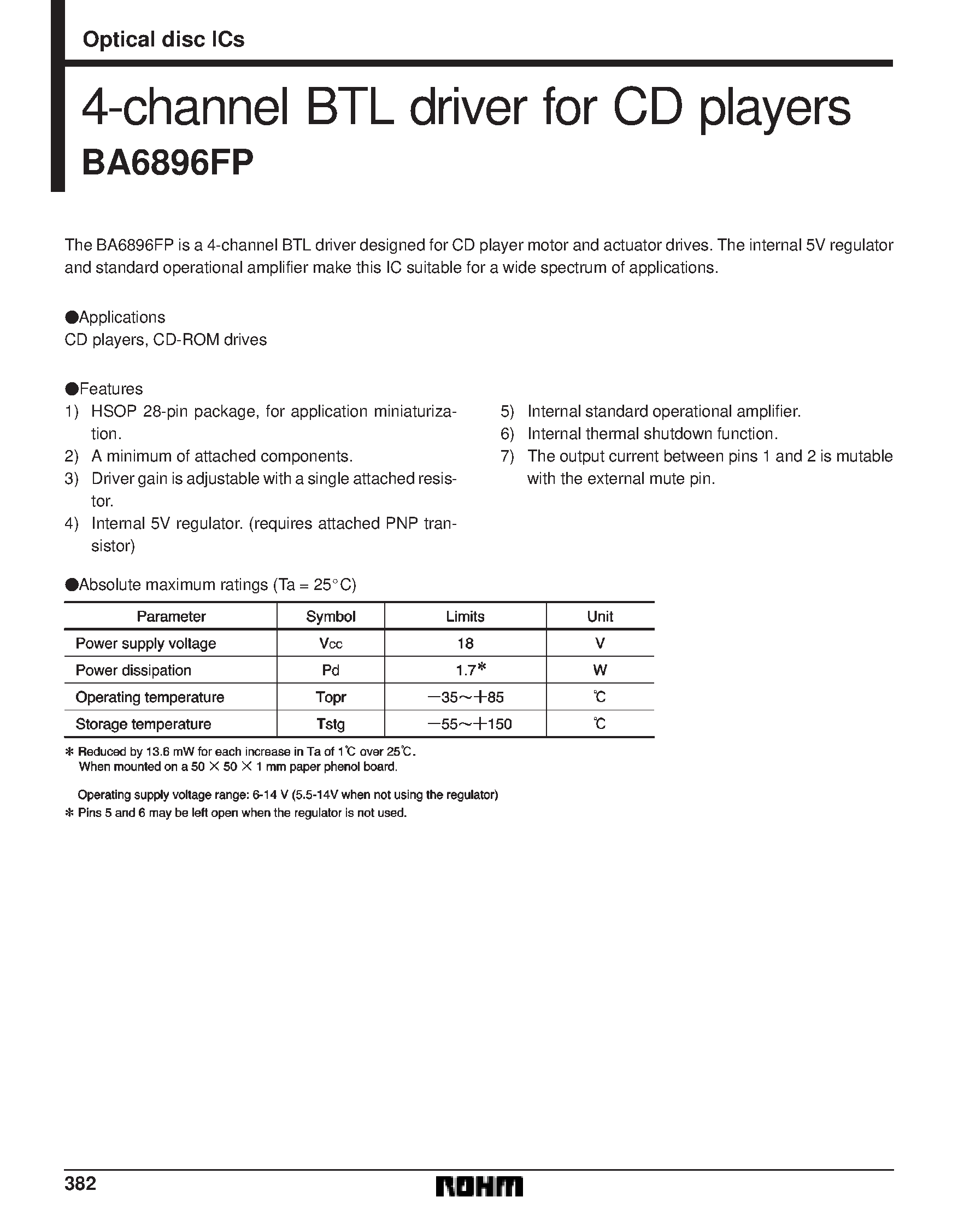 Datasheet BA6896FP - 4-channel BTL driver for CD players page 1