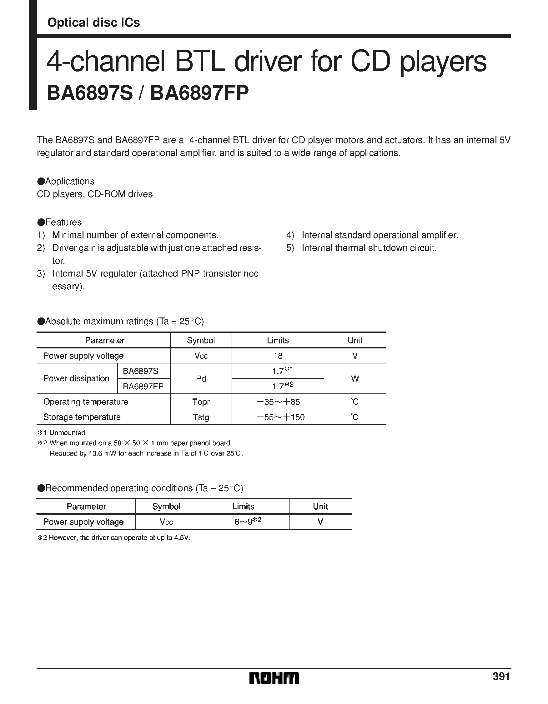 Datasheet BA6897 - 4-channel BTL driver for CD players page 1