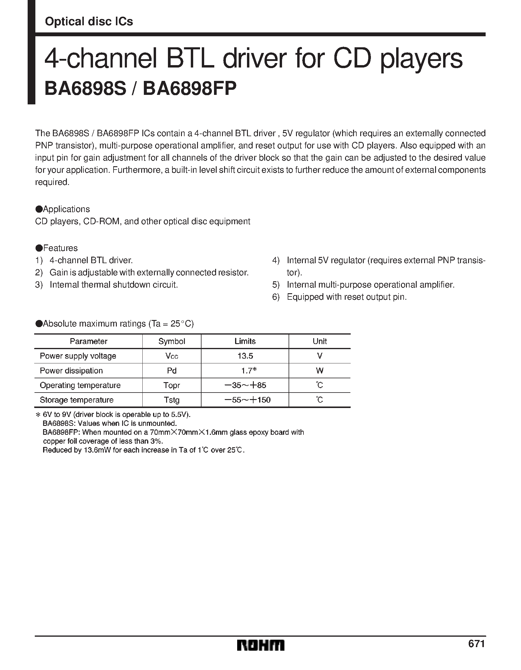 Datasheet BA6898 - 4-channel BTL driver for CD players page 1