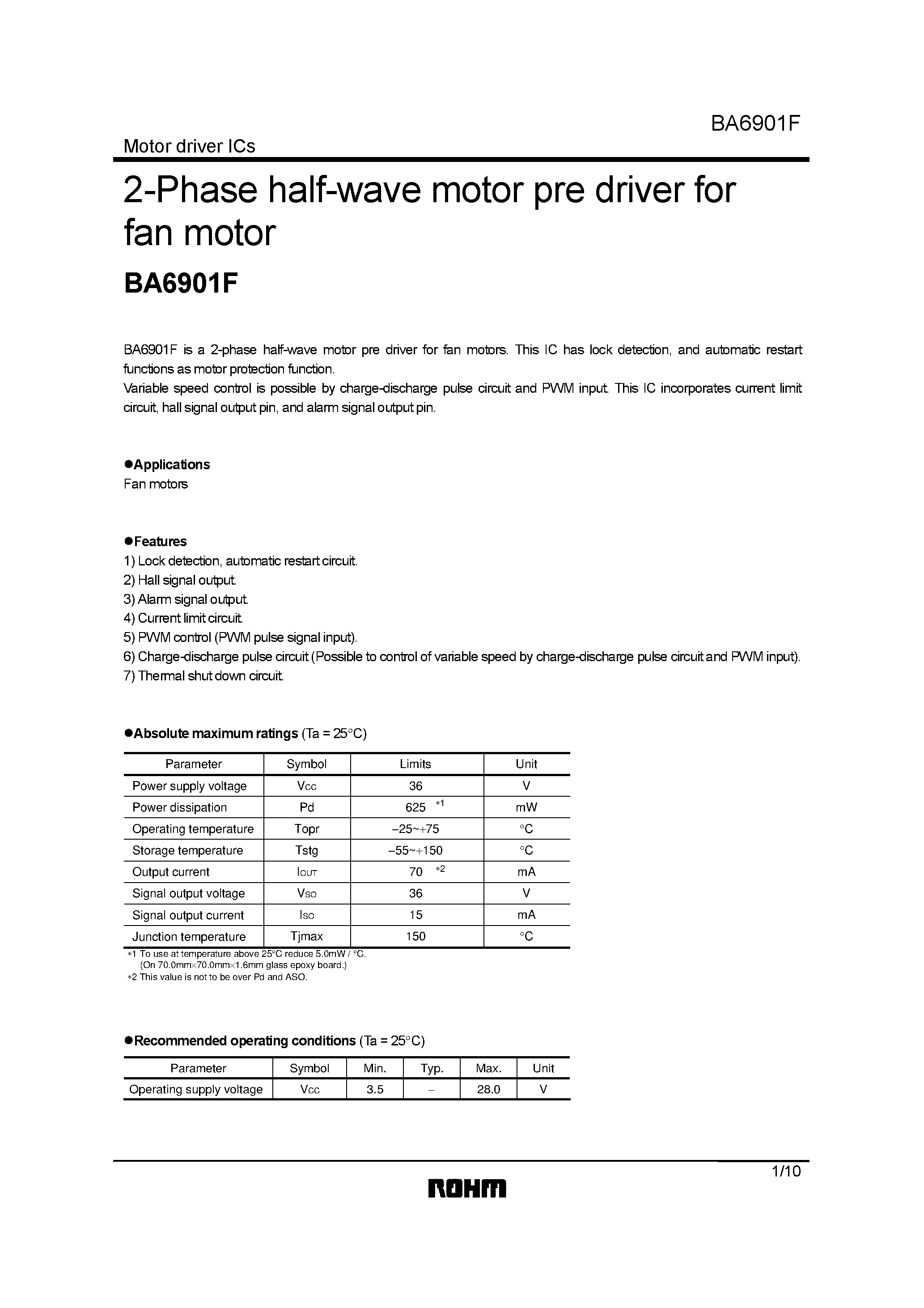 Datasheet BA6901F - 2-Phase half-wave motor pre driver for fan motor page 1
