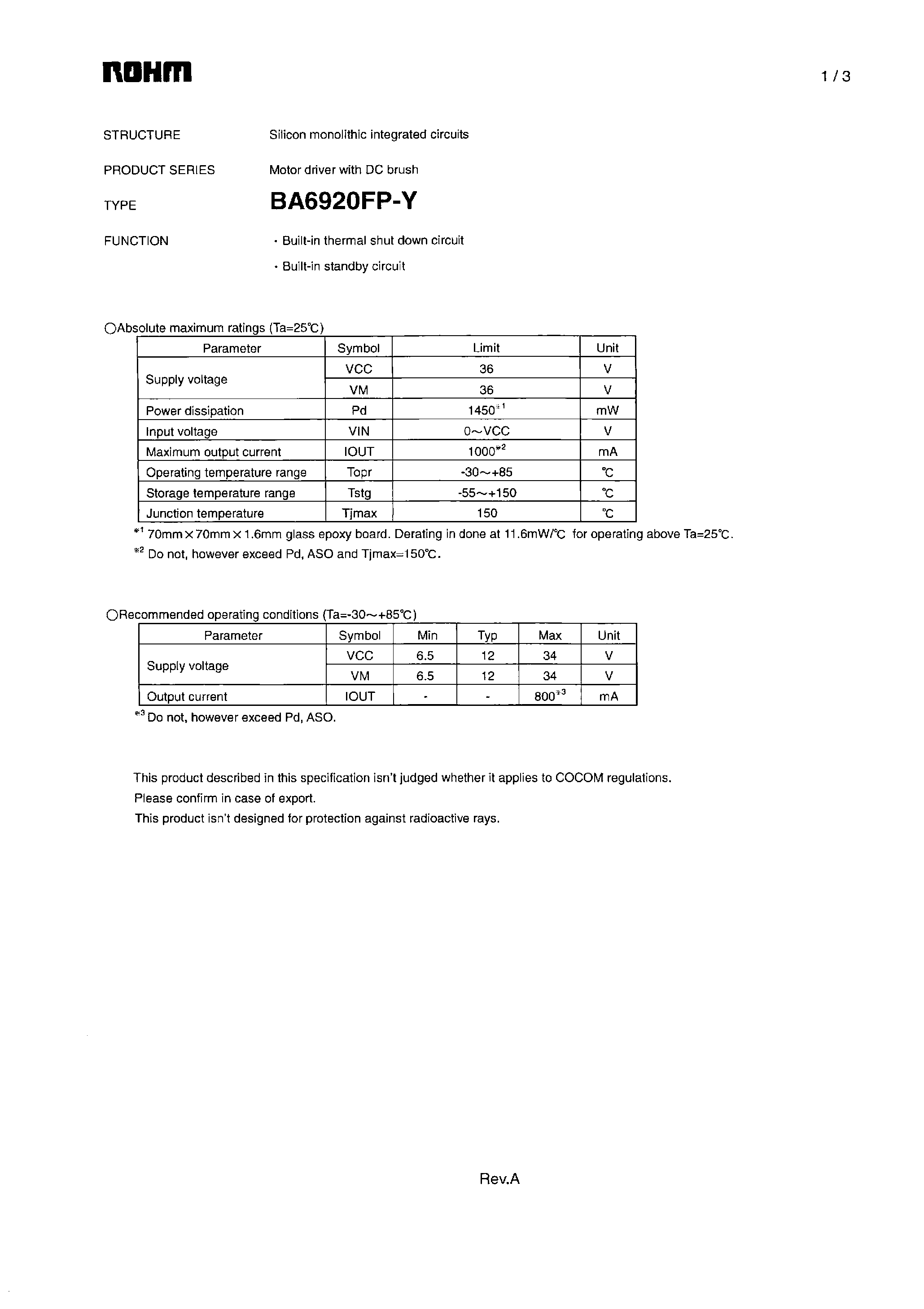 Datasheet BA6920FP-Y - Reversible Motor Driver page 1