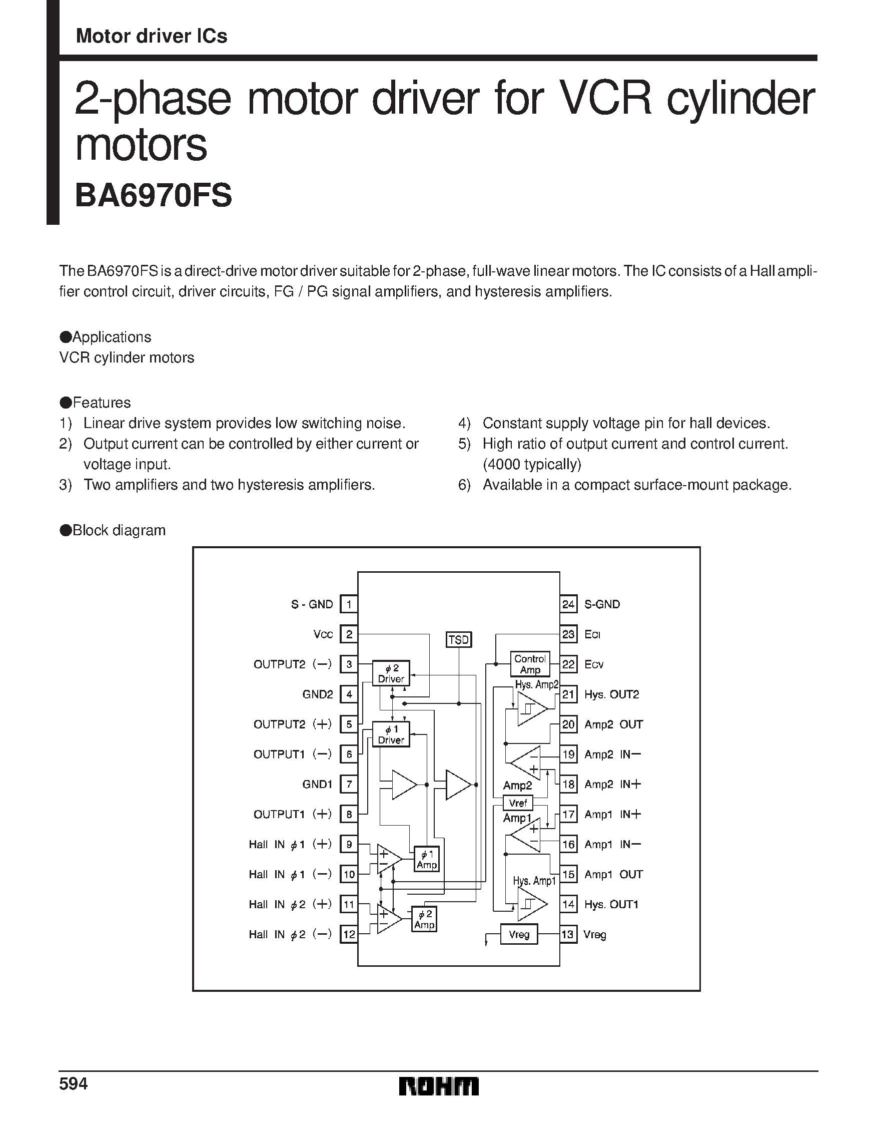 Даташит BA6970 - 2-phase motor driver for VCR cylinder motors страница 1