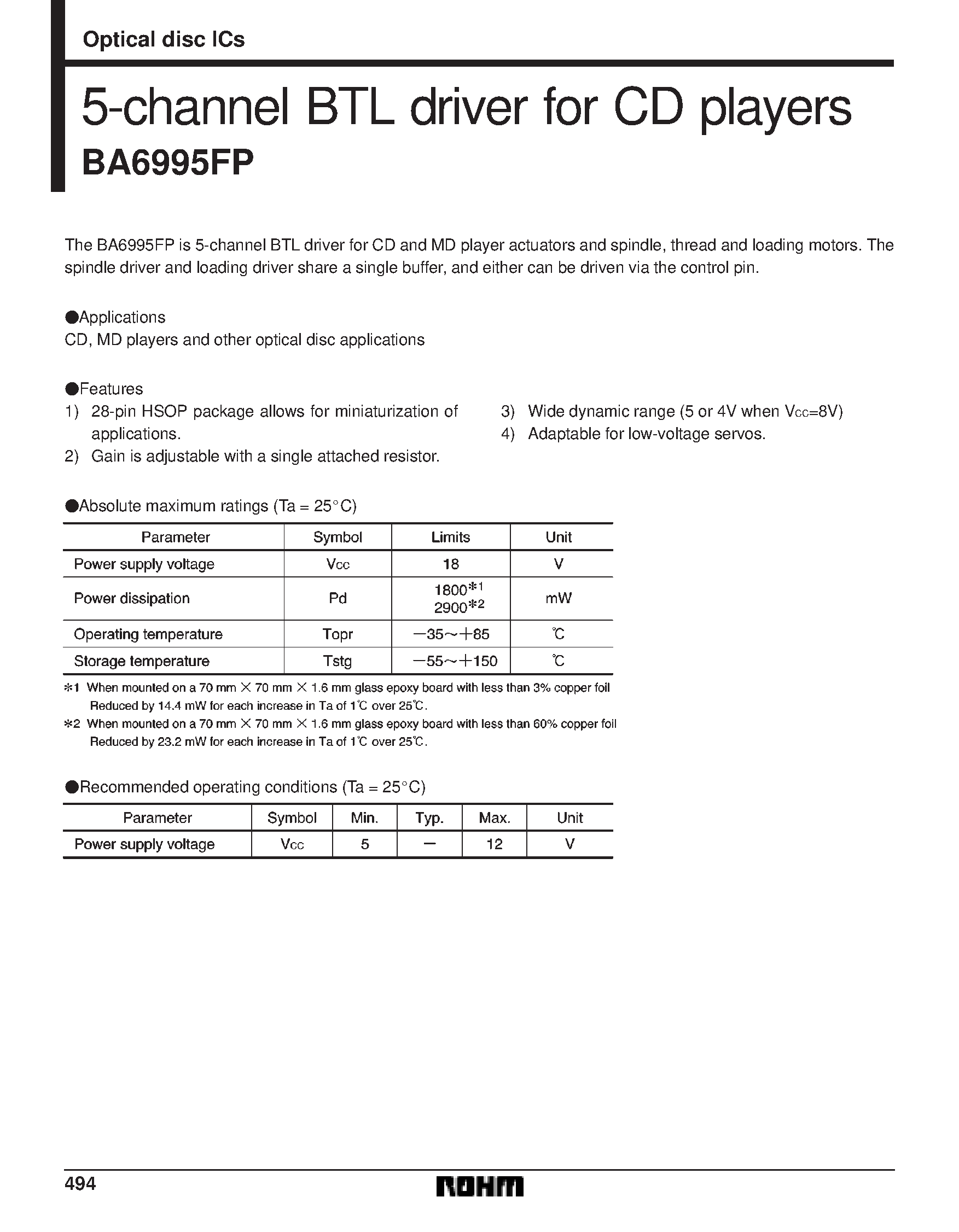 Datasheet BA6995FP - 5-channel BTL driver for CD players page 1