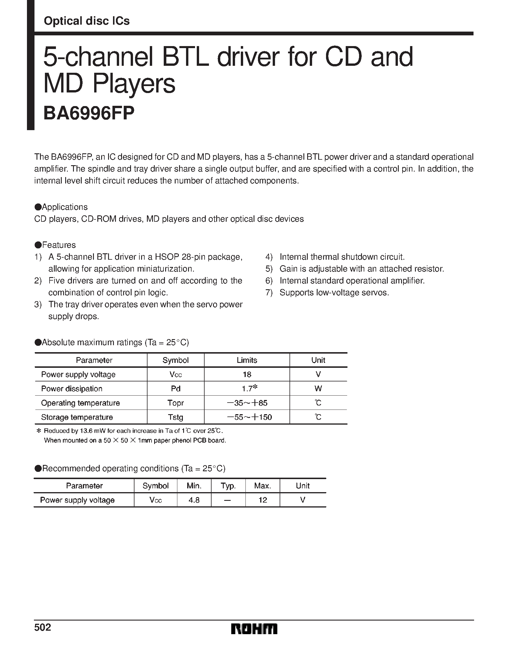 Datasheet BA6996 - 5-channel BTL driver for CD and MD Players page 1