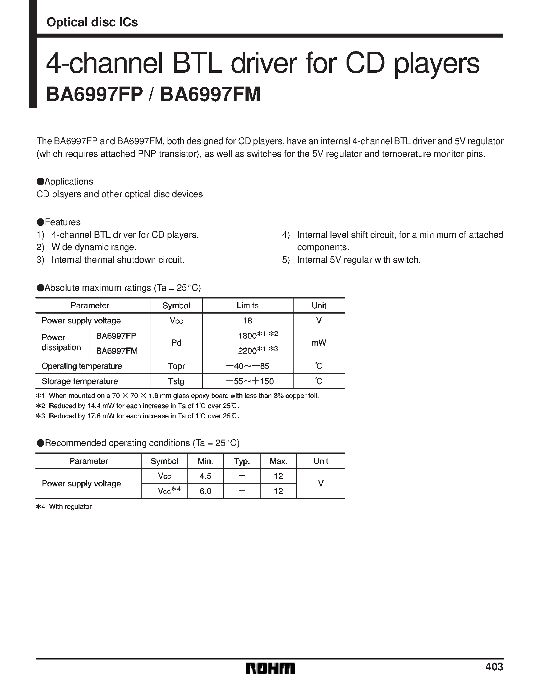 Datasheet BA6997FM - 4-channel BTL driver for CD players page 1