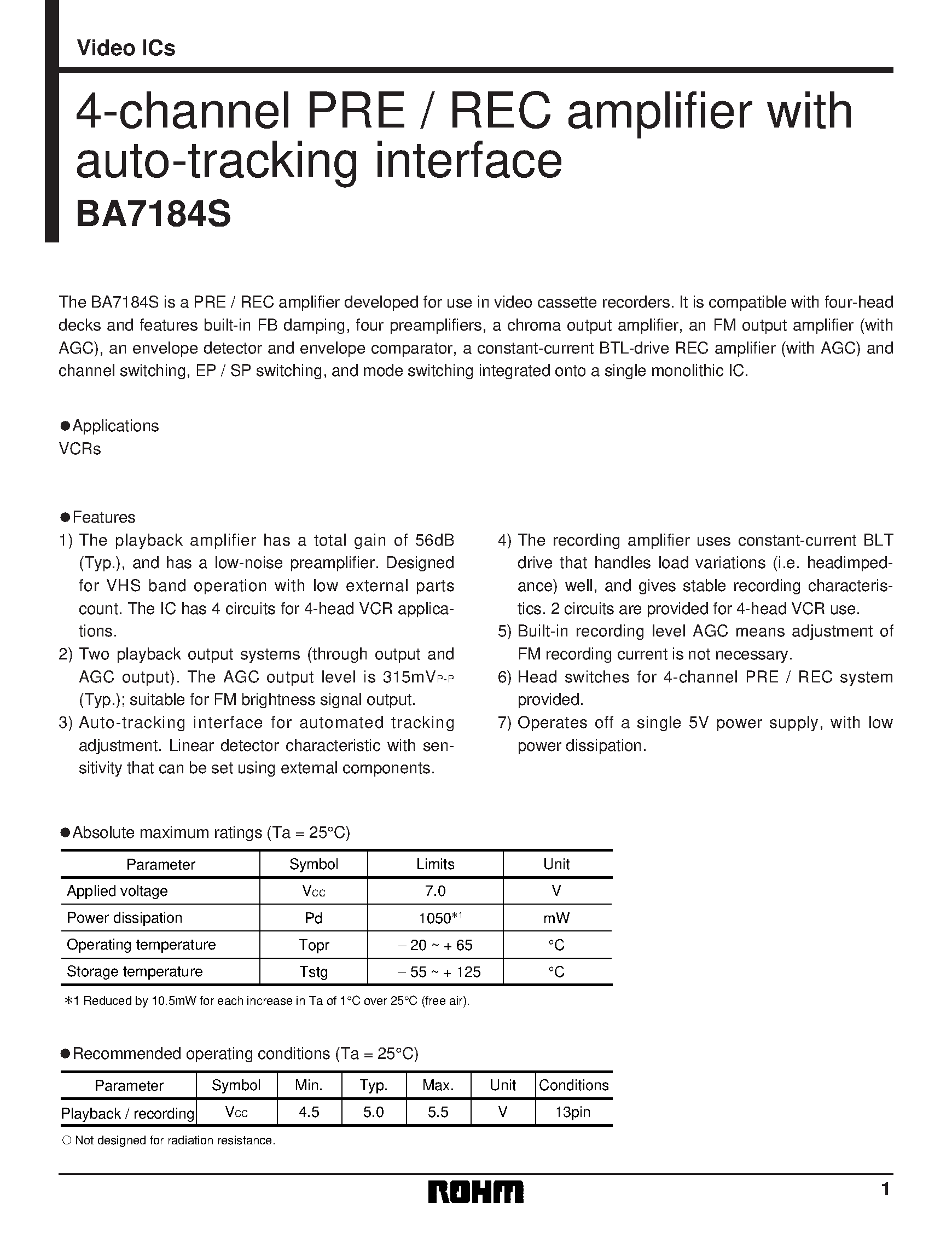 Datasheet BA7184 - 4-channel PRE / REC amplifier with auto-tracking interface page 1