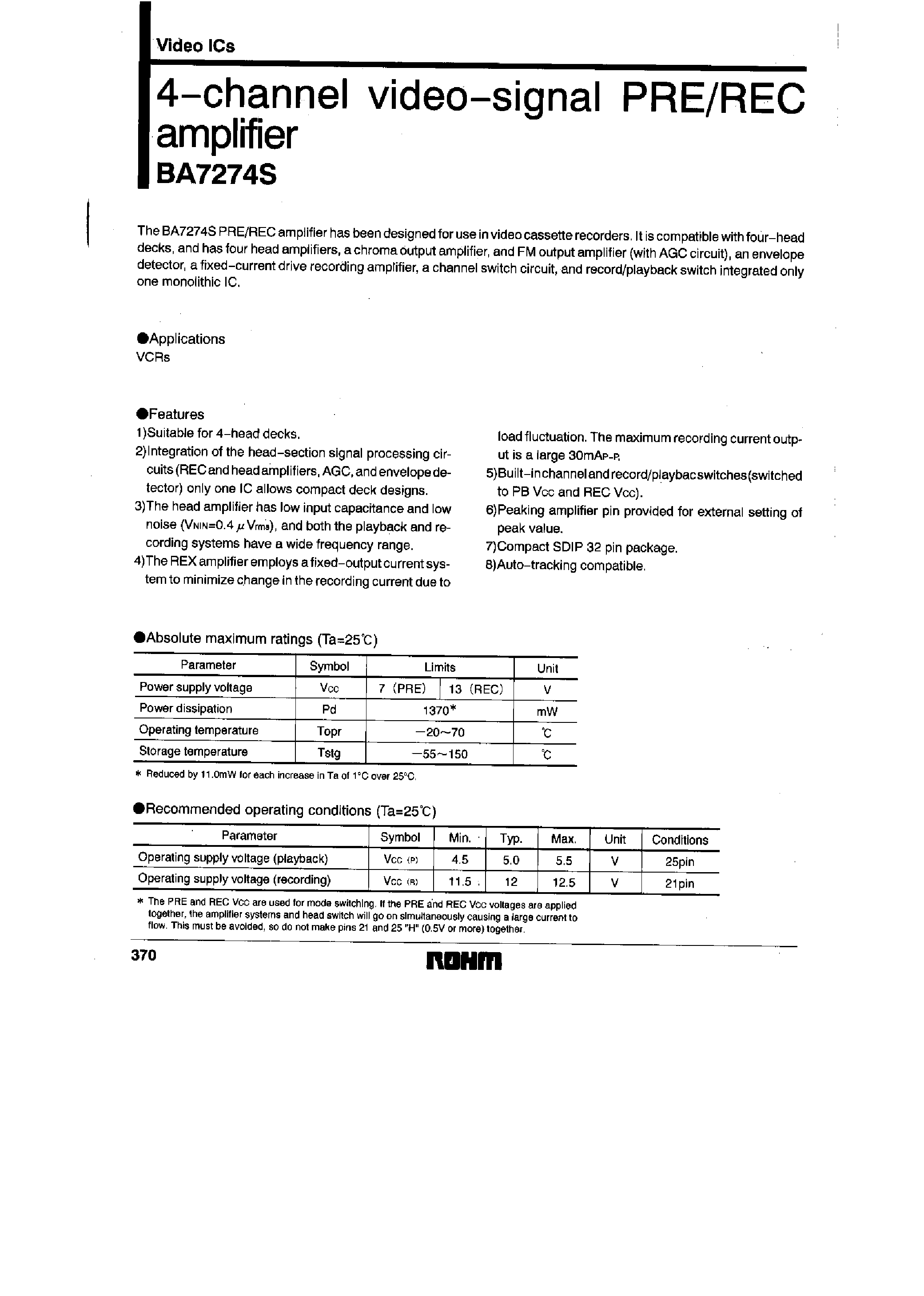 Datasheet BA7274 - 4-channel video-signal PRE/REC amplifier page 1