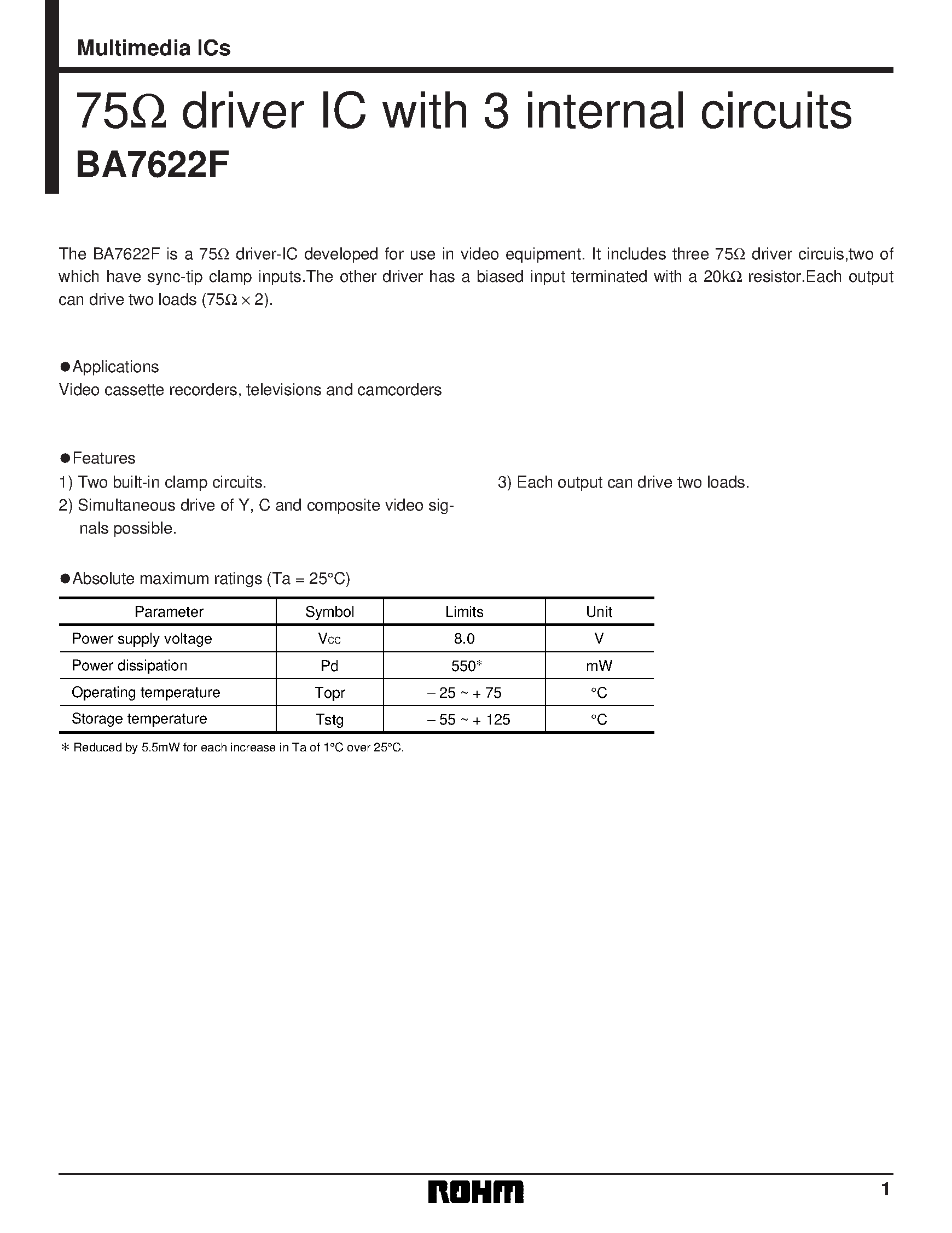Datasheet BA7622F page 1 Datasheet BA7622F - 75 driver IC with 3 internal circuits page 1