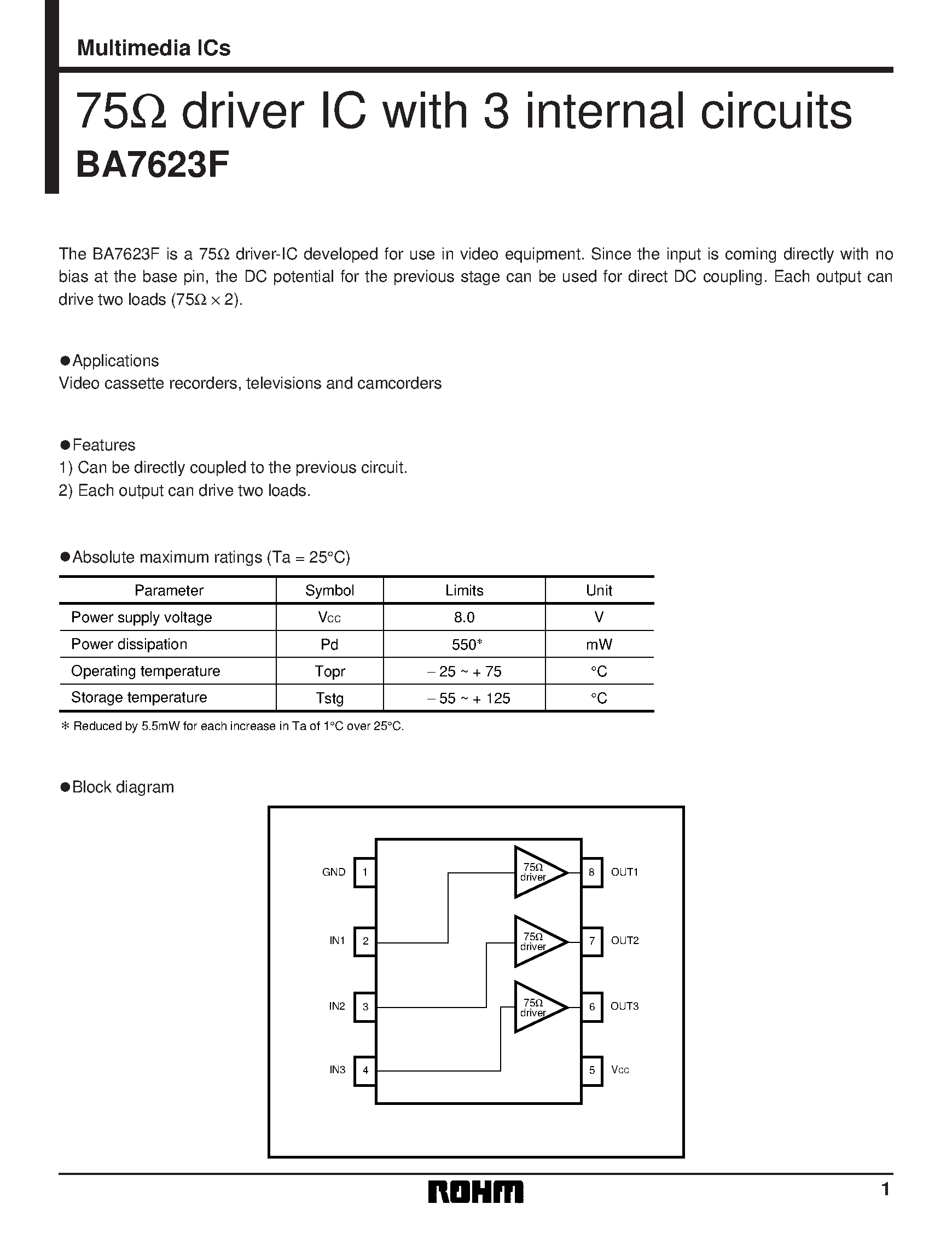 Datasheet BA7623 - 75 driver IC with 3 internal circuits page 1