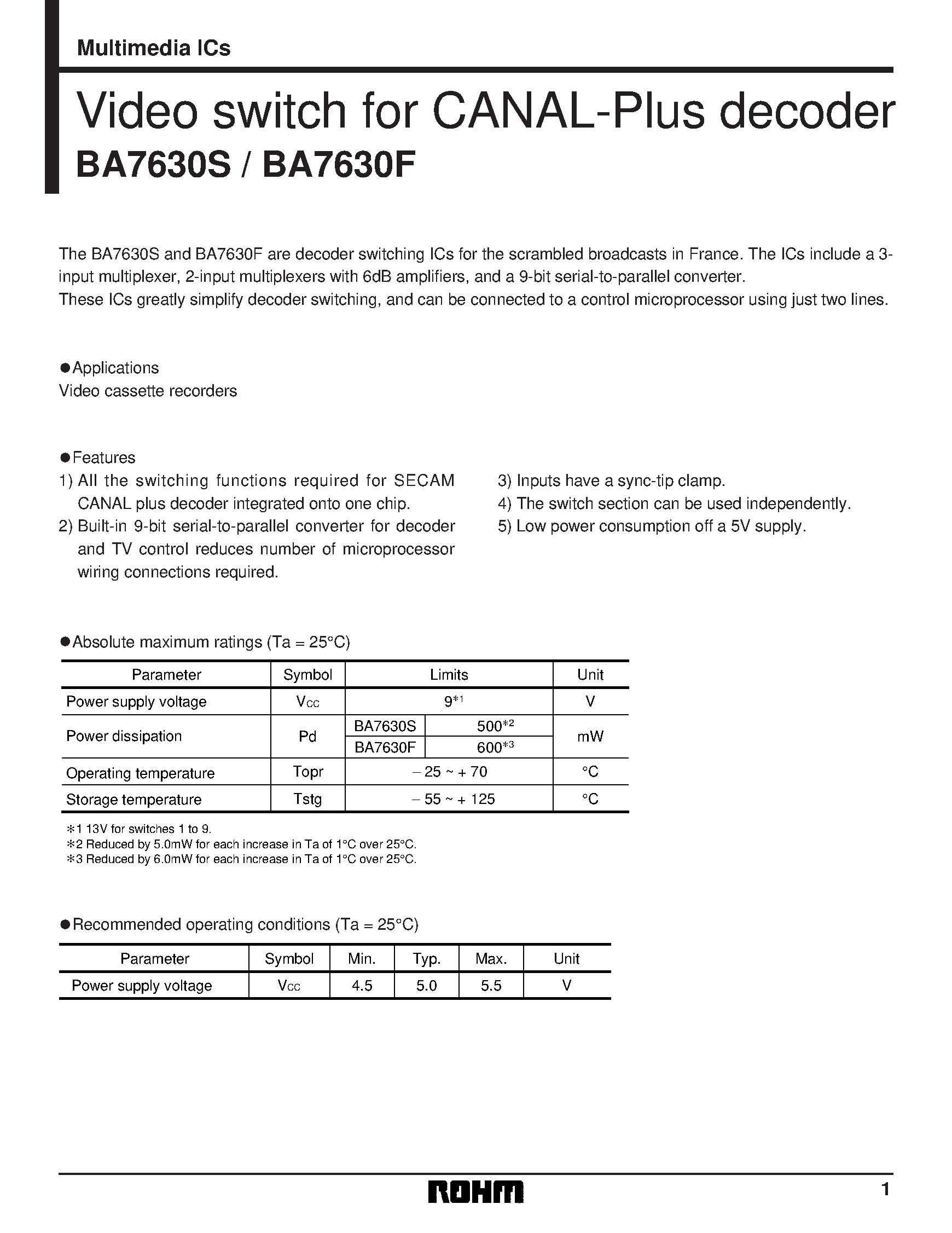 Даташит на микросхему BA7630F страница 1 Даташит BA7630F - Video switch for CANAL-Plus decoder страница 1