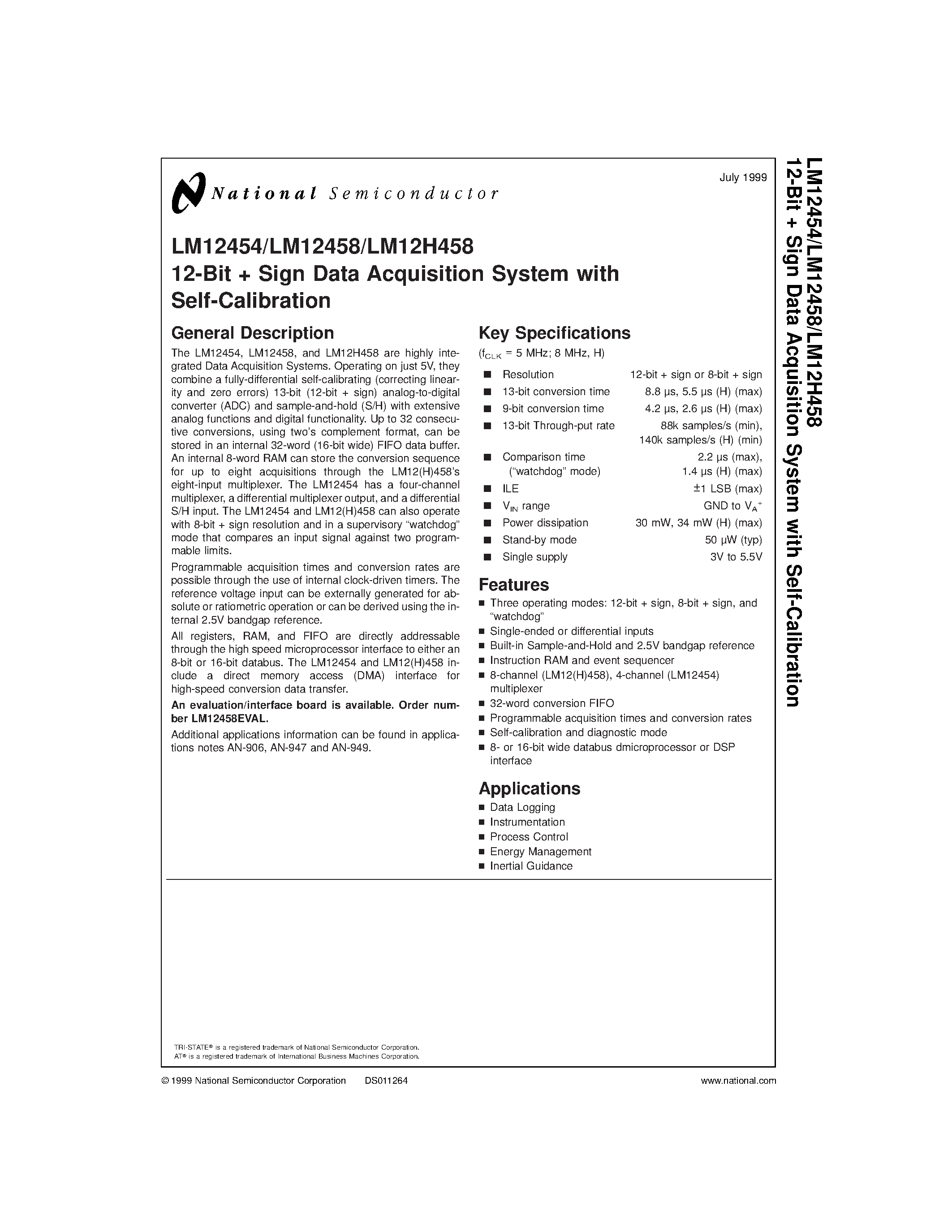 Datasheet 5962-9319502MYA page 1 Datasheet 5962-9319502MYA - 12-Bit Sign Data Acquisition System with Self-Calibration page 1
