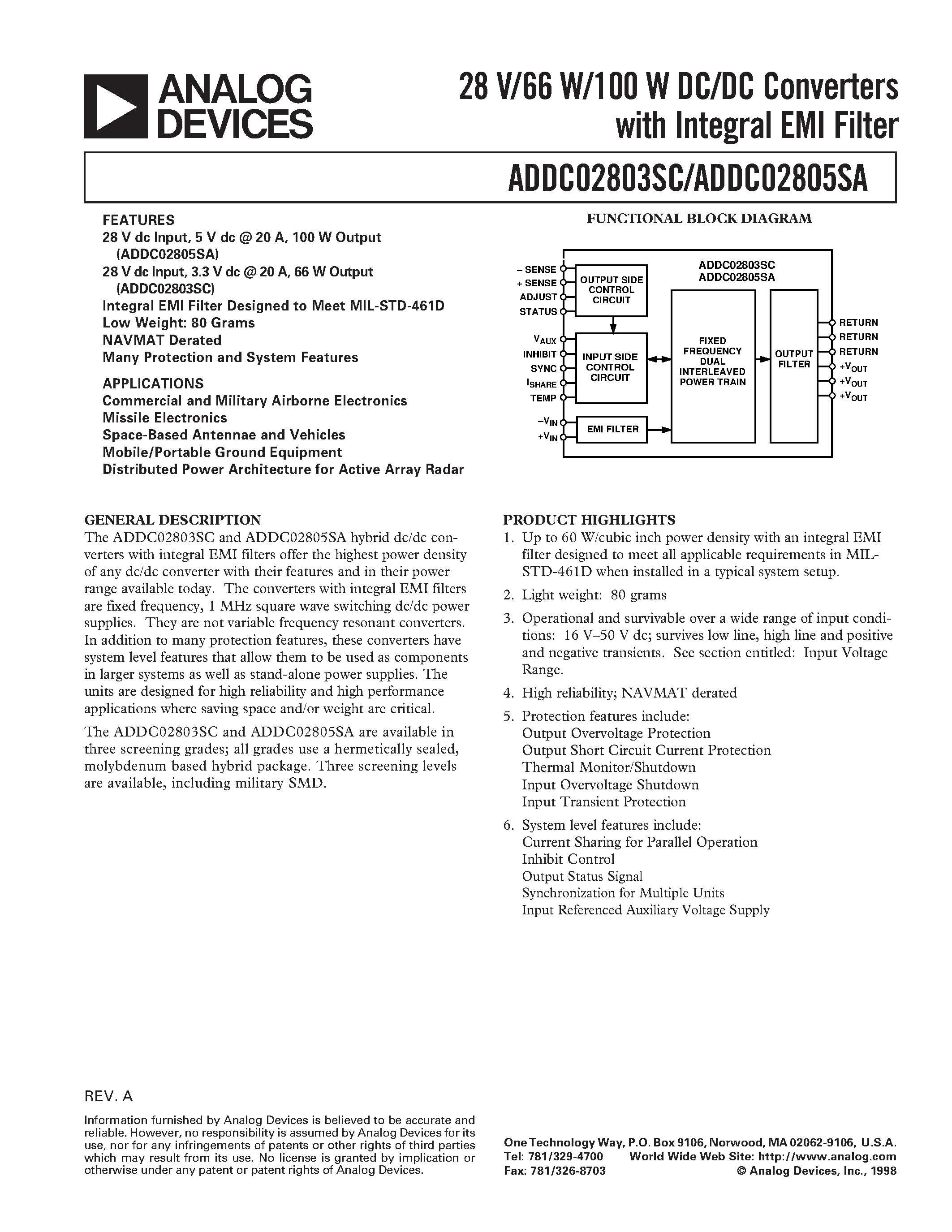 Datasheet 5962-9570701HXC - 28 V/66 W/100 W DC/DC Converters with Integral EMI Filter page 1