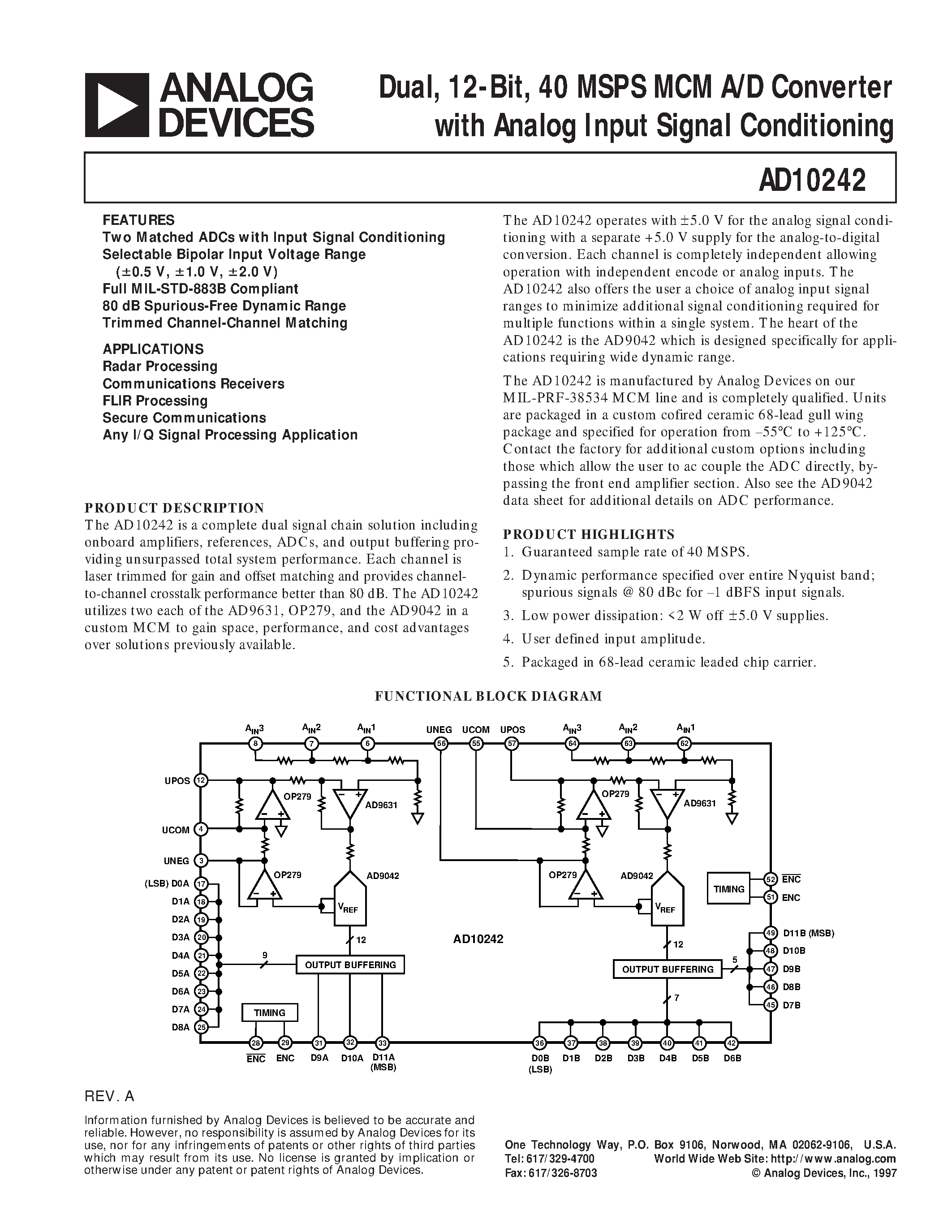 Datasheet 5962-9581501HXA - Dual/ 12-Bit/ 40 MSPS MCM A/D Converter with Analog Input Signal Conditioning page 1