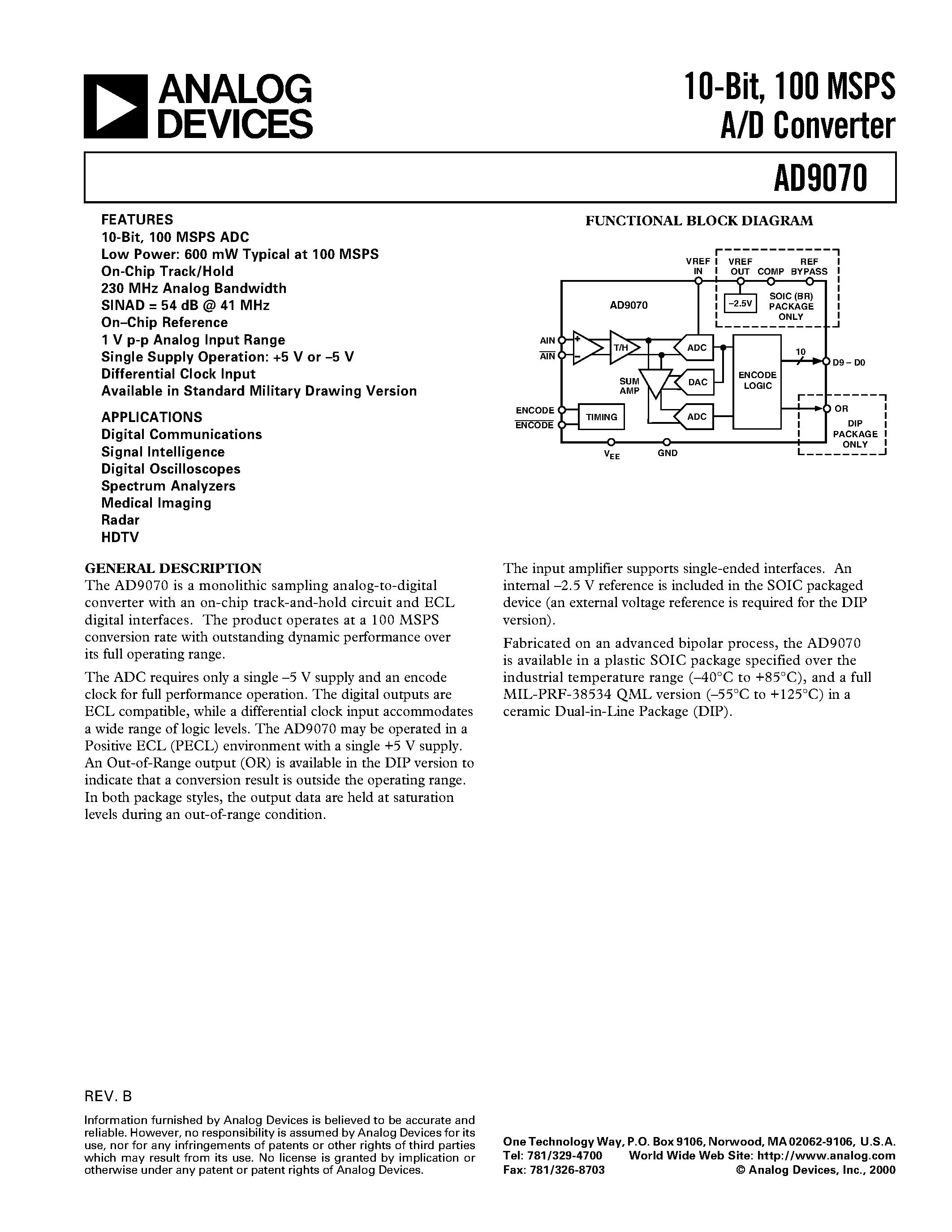Datasheet 5962-9756301HXC - 10-Bit/ 100 MSPS A/D Converter page 1