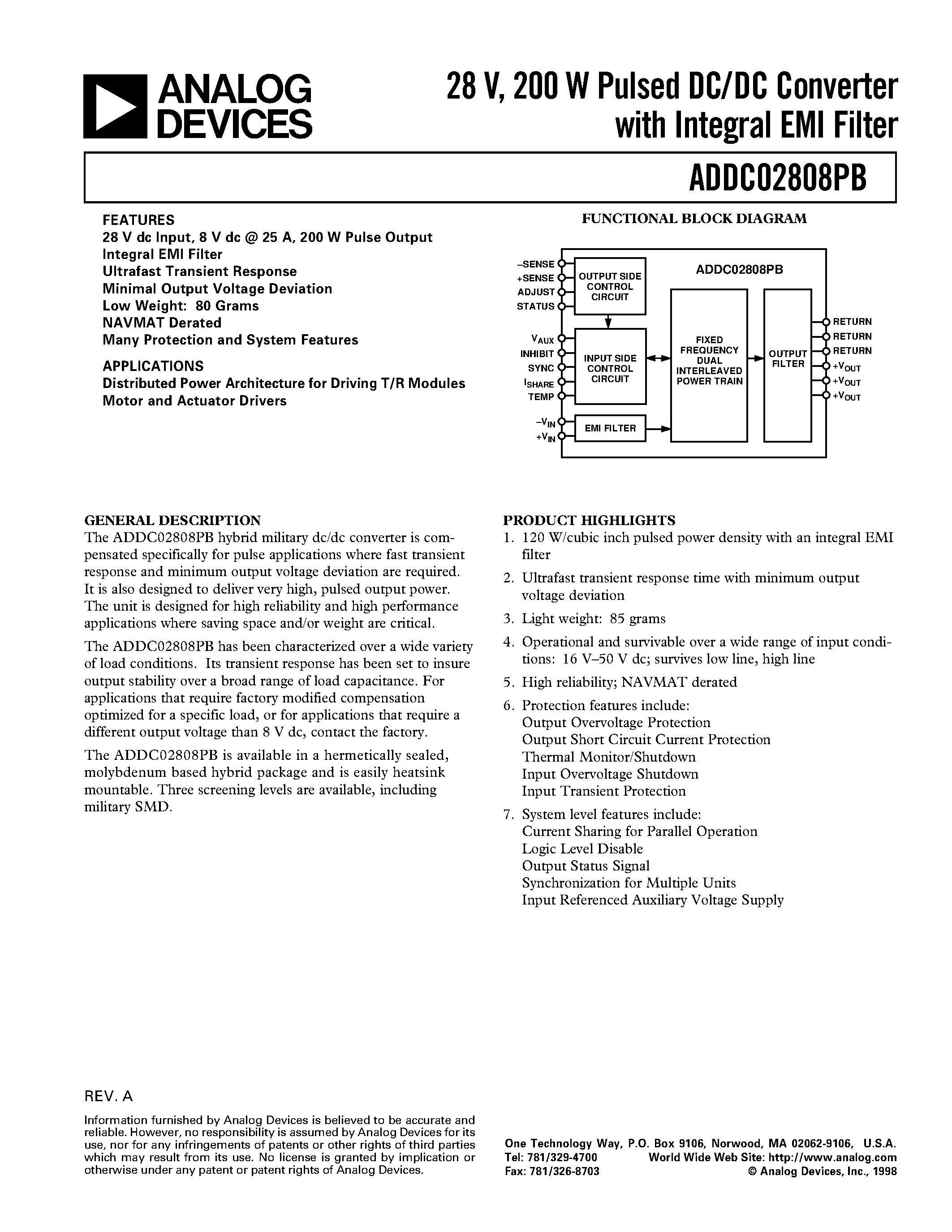 Datasheet 5962-9763401HXC page 1 Datasheet 5962-9763401HXC - 28 V/ 200 W Pulsed DC/DC Converter with Integral EMI Filter page 1