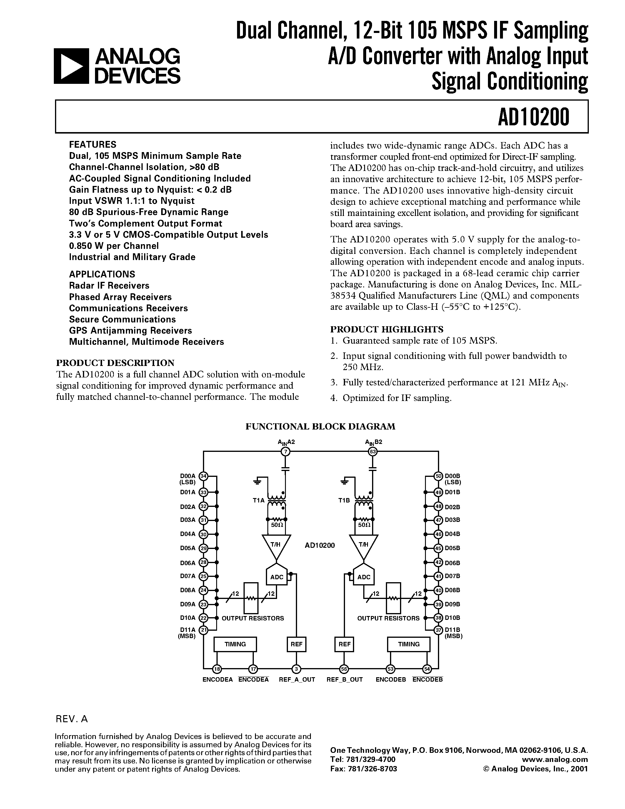 Datasheet 5962-9961002HXA page 1 Datasheet 5962-9961002HXA - Dual Channel/ 12-Bit 105 MSPS IF Sampling A/D Converter with Analog Input Signal Conditioning page 1