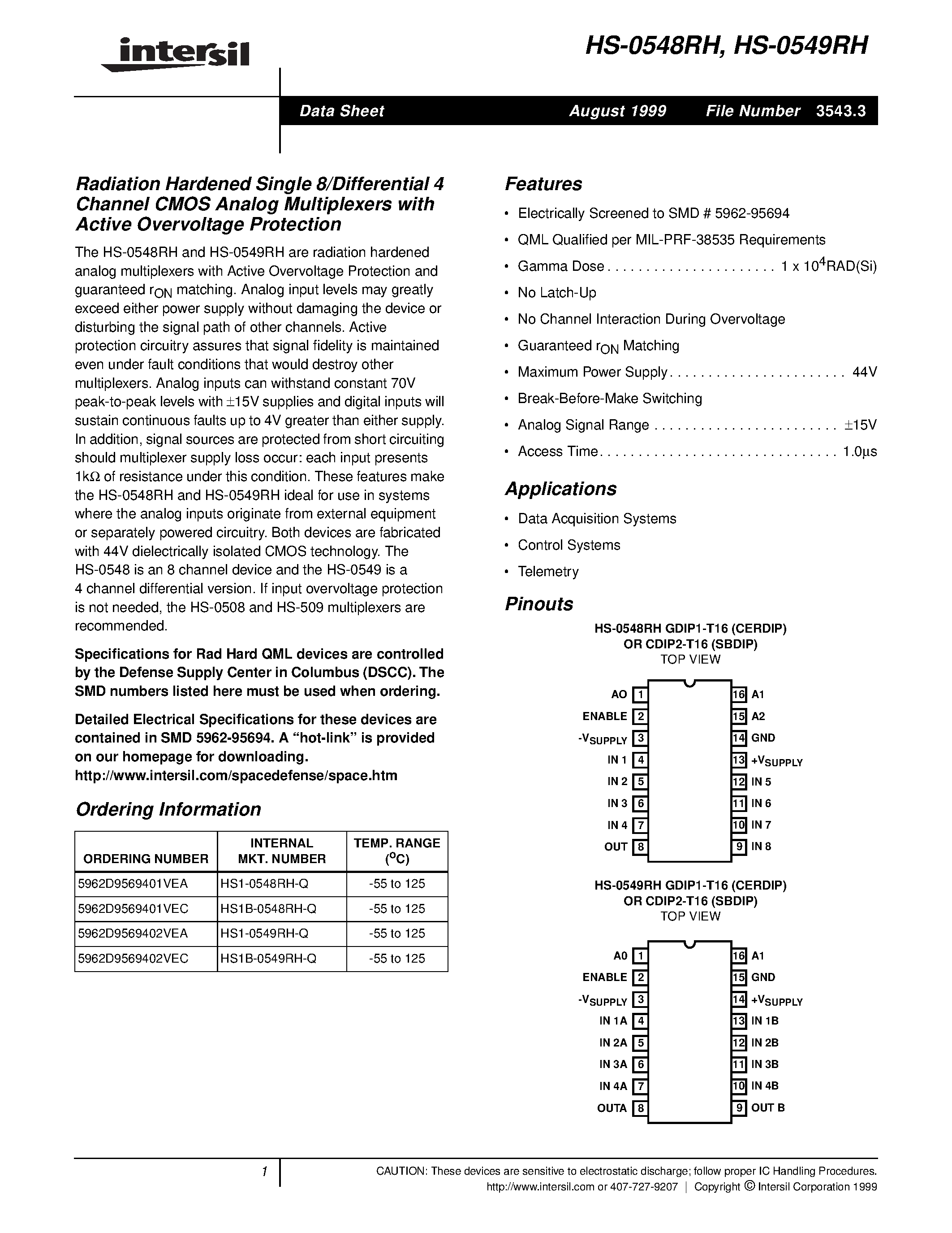 Даташит 5962D9569401VEC - Radiation Hardened Single 8/Differential 4 Channel CMOS Analog Multiplexers with Active Overvoltage Protection страница 1